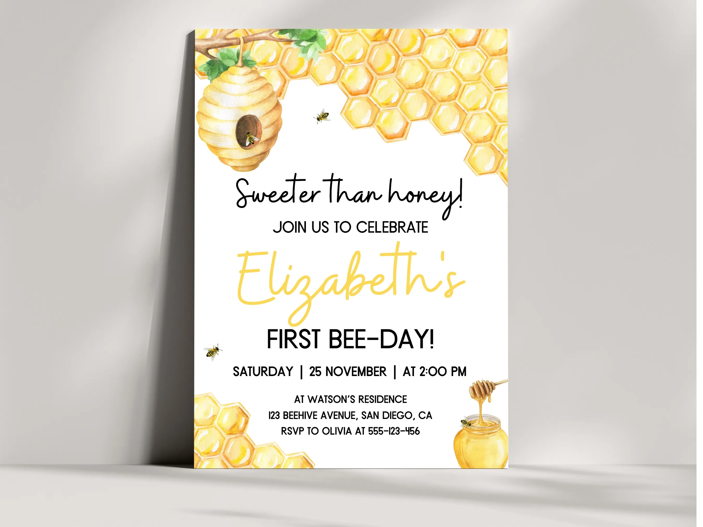 First Bee Day invitation with bumble bee birthday theme, editable Canva template for cute bee party decorations, digital download.