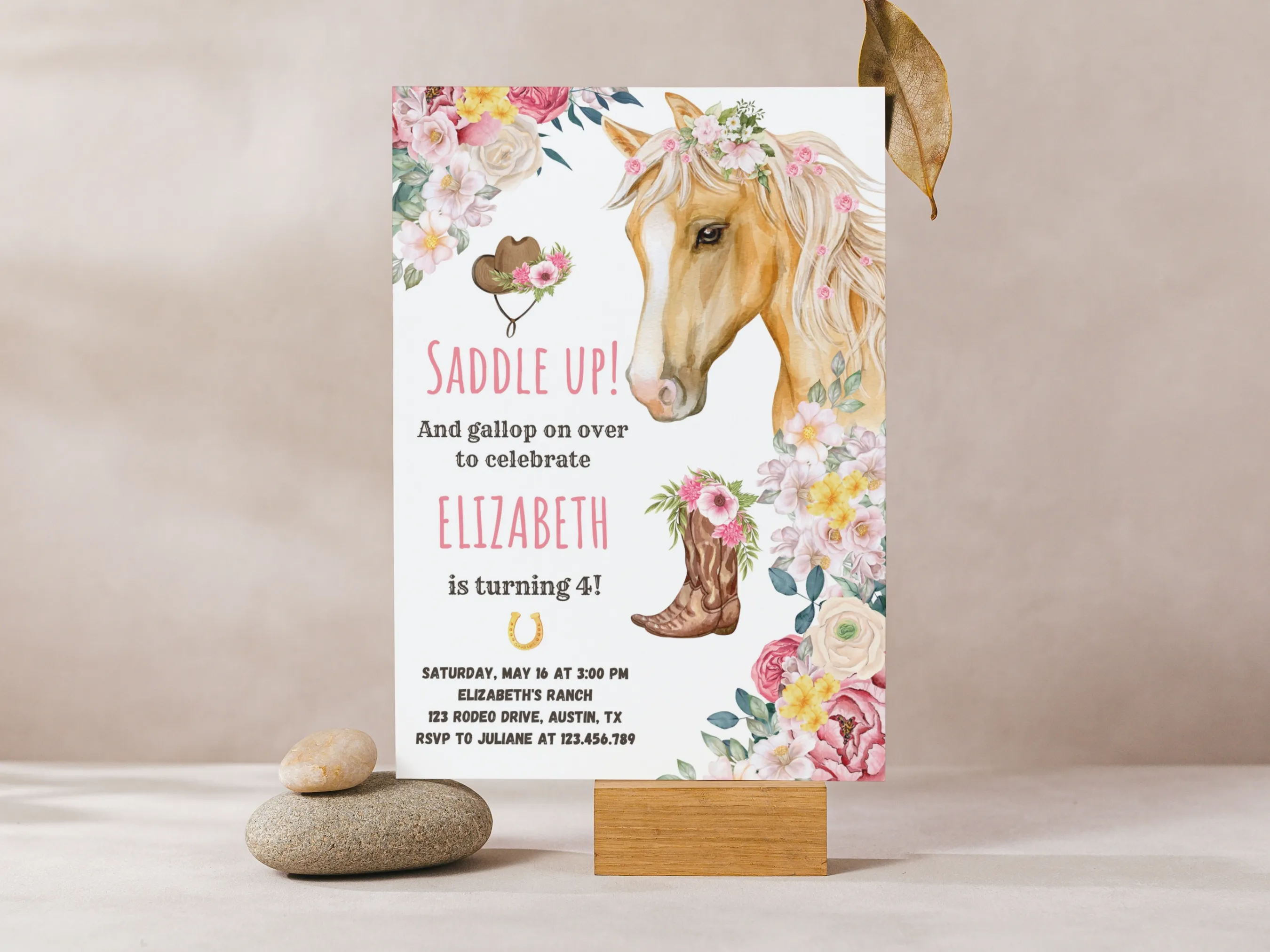 Horse birthday invitation — floral cowgirl theme editable Canva template for girls’ birthday party (digital download)