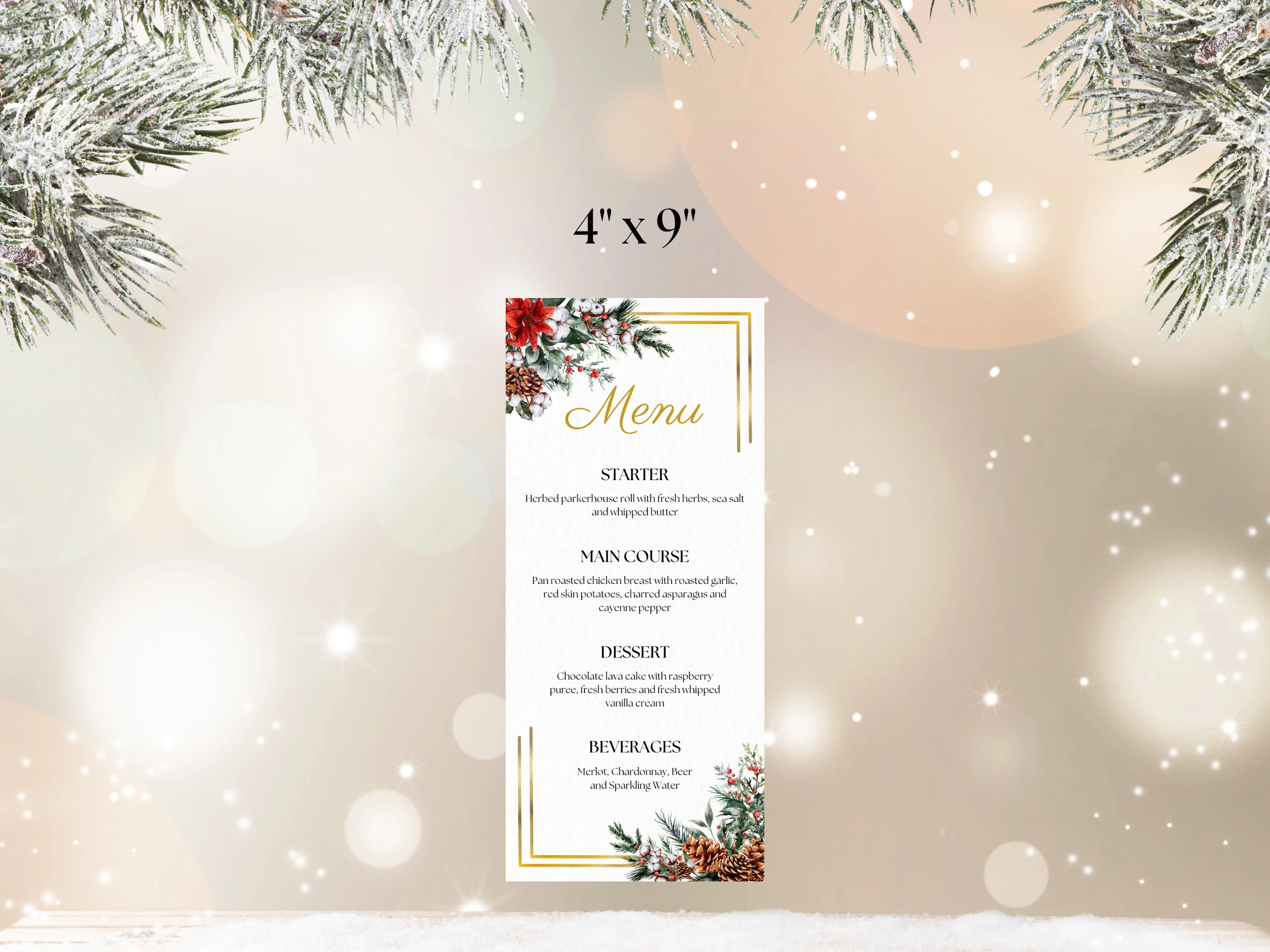 Christmas Dinner Menu Template | Golden Holiday Greenery Table Decor | Editable Canva Template | Digital Download