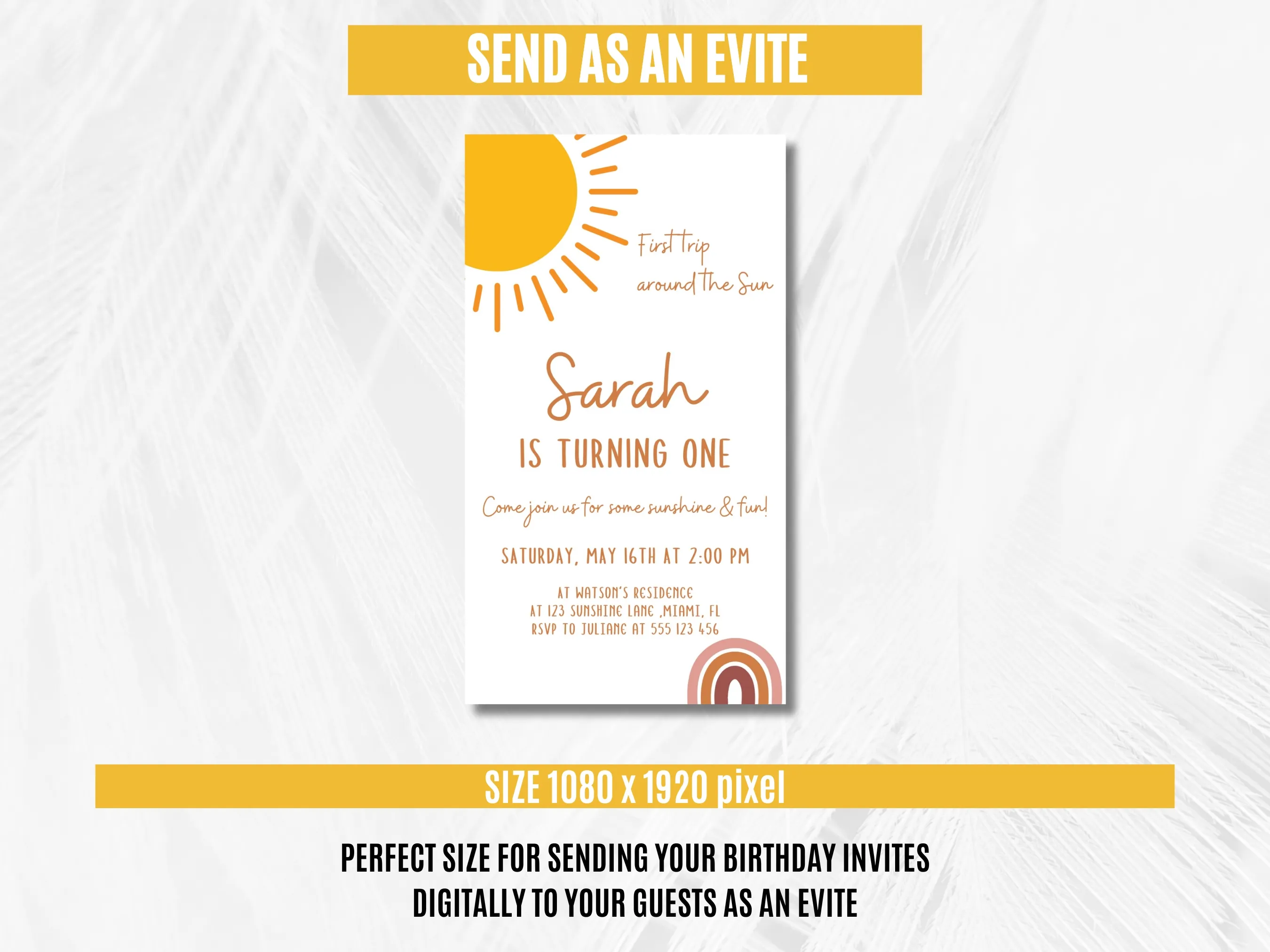 Sunshine Birthday Evite | First Trip Around the Sun Boho Rainbow Mobile Invitation | Editable Canva Template | Digital Download