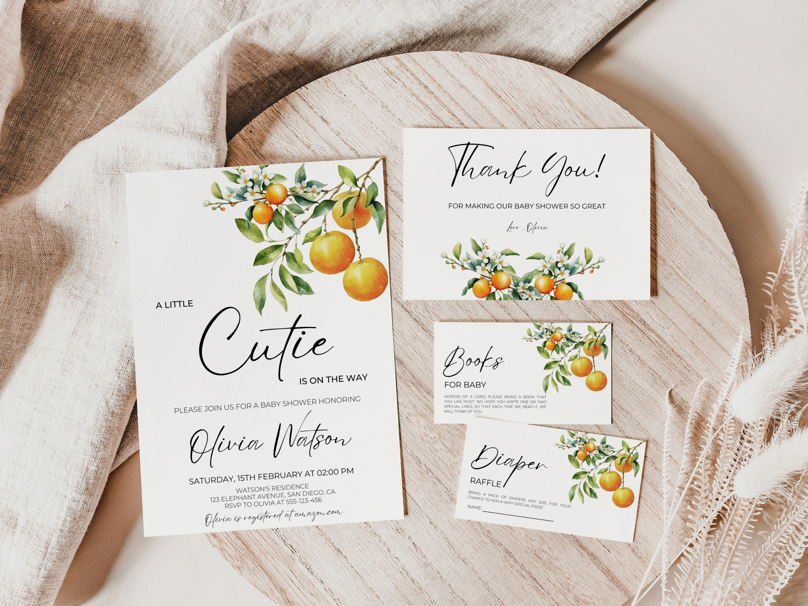 little cutie baby shower invitation set orange clementine starter pack baby girl invite thank you cards diaper raffle books for baby canva template digital download, orange baby shower invitation bundle