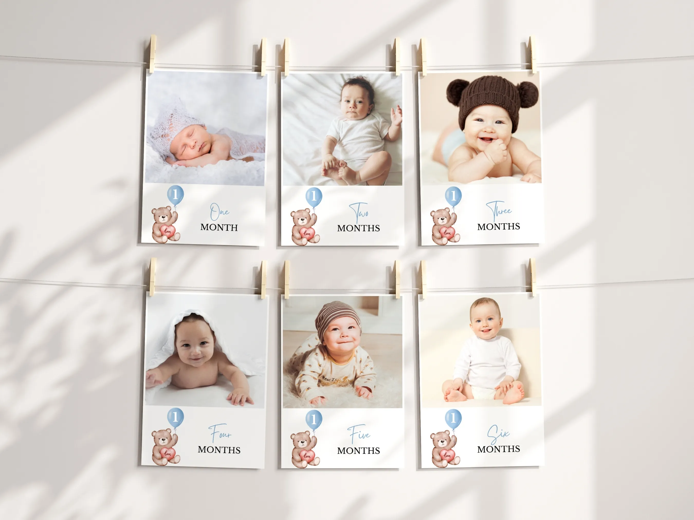 Teddy Bear first birthday milestone cards with cute 1st birthday photo banner theme, editable Canva template for personalized teddy bear decorations, digital download.