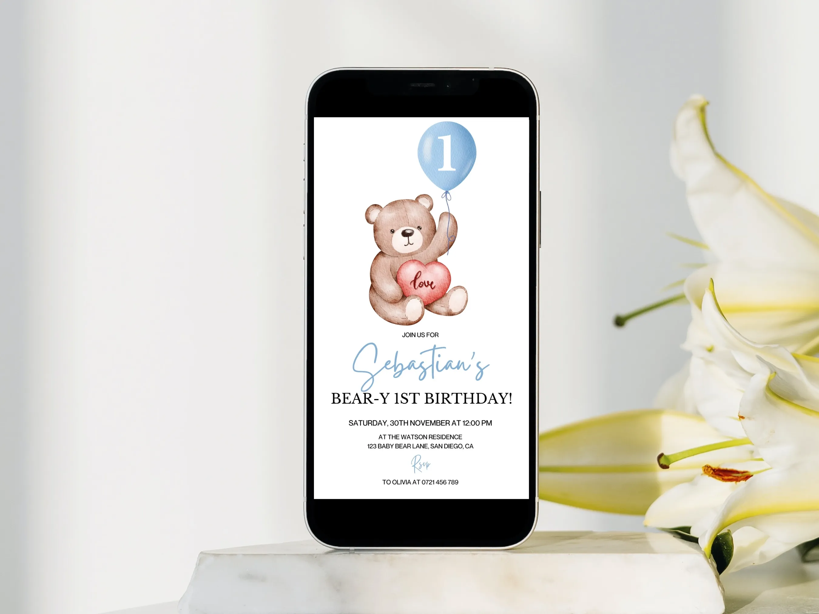 Teddy Bear 1st birthday mobile invitation with cute beary first birthday theme, editable Canva template for kids’ teddy bear party, digital download.