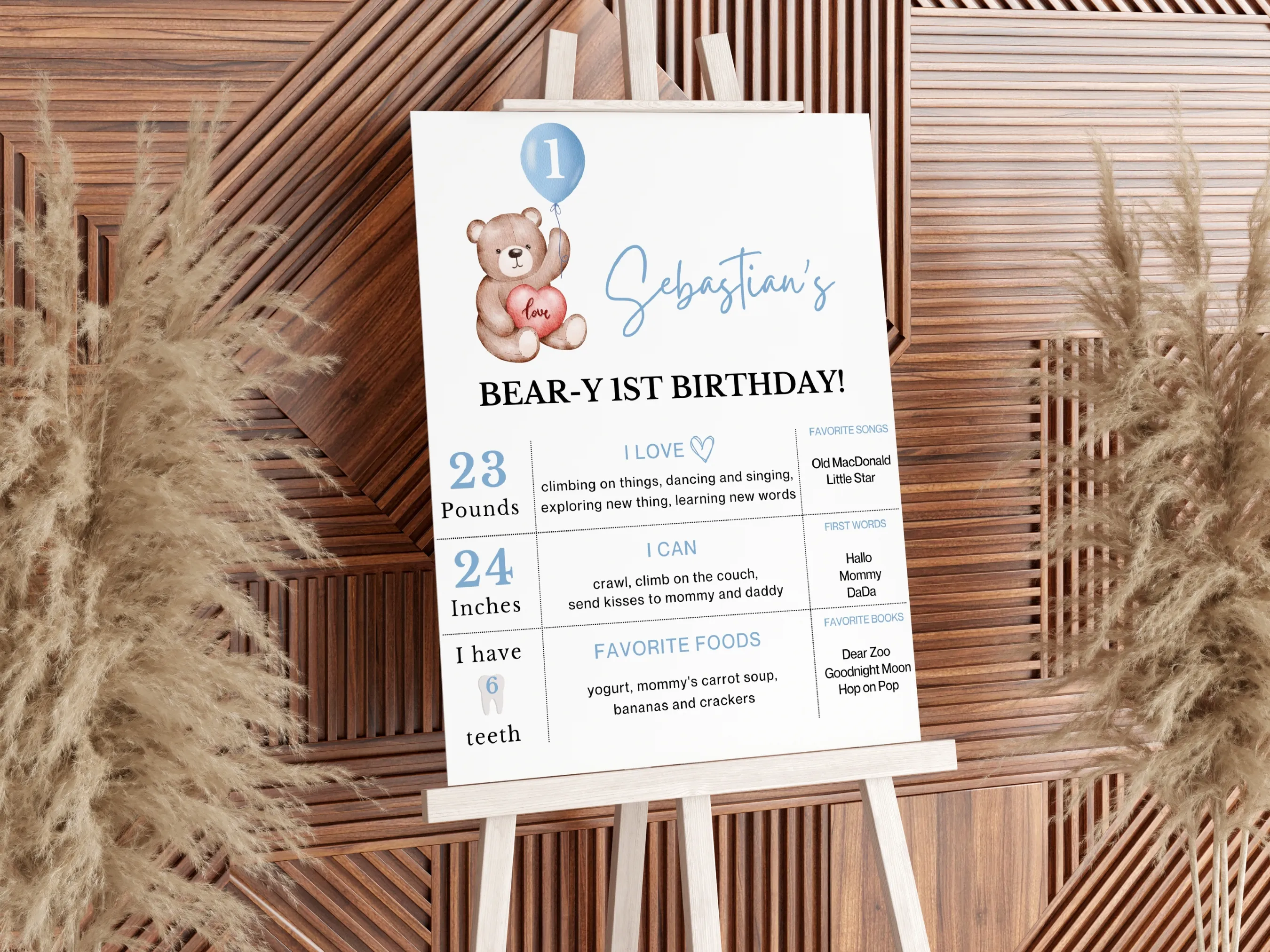 Teddy Bear Birthday Milestone Board | Beary First Birthday Milestone Poster | Baby Milestone Sign | 1st Birthday Party | Editable Canva Template | Digital Download