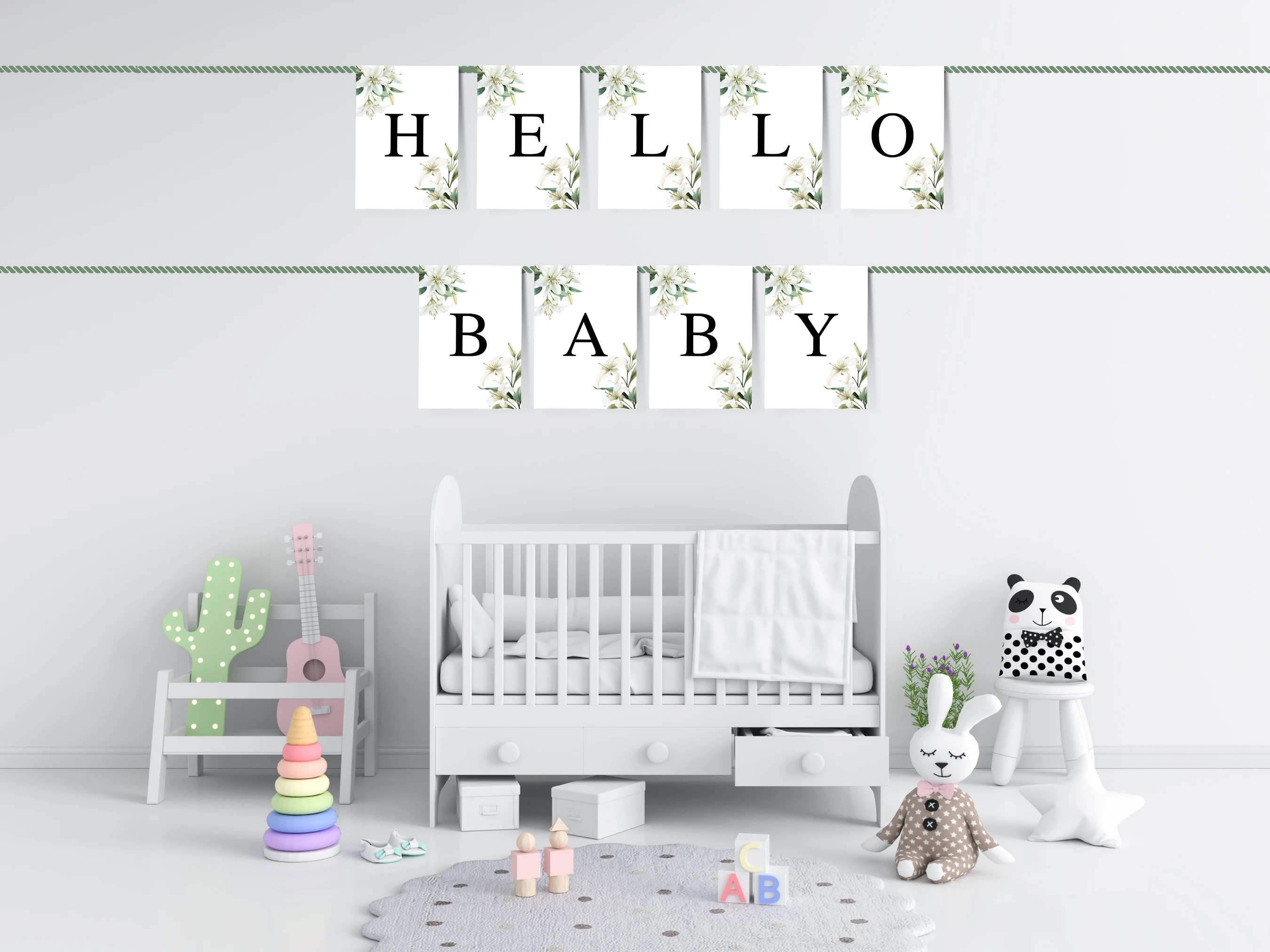 baby in bloom baby shower banner, greenery baby shower bunting, floral baby shower banner, wildflower baby shower banner printable, editable baby shower banner Canva