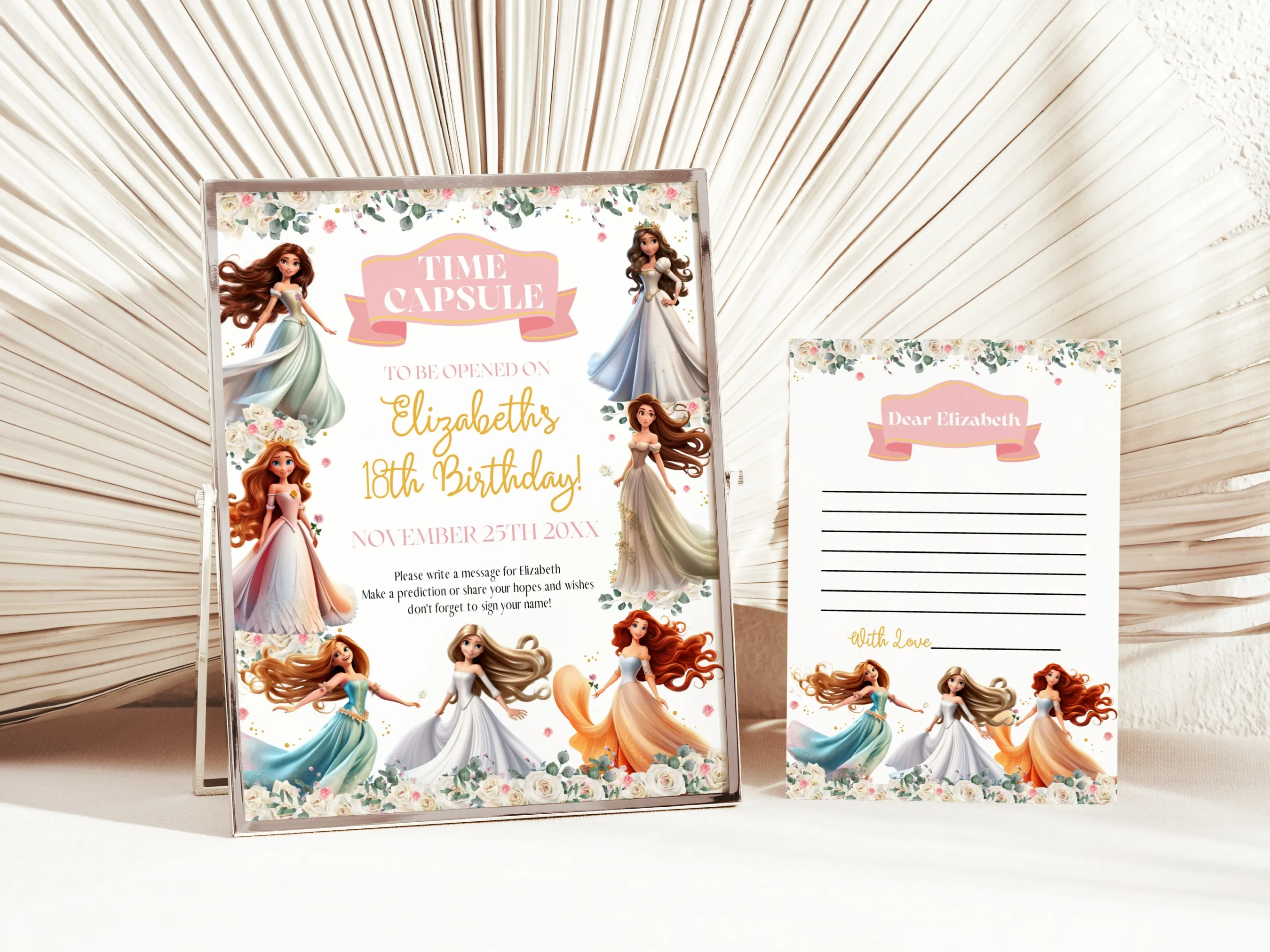 Princess birthday time capsule sign and wishes card with royal celebration first birthday guest book, editable Canva template digital download.