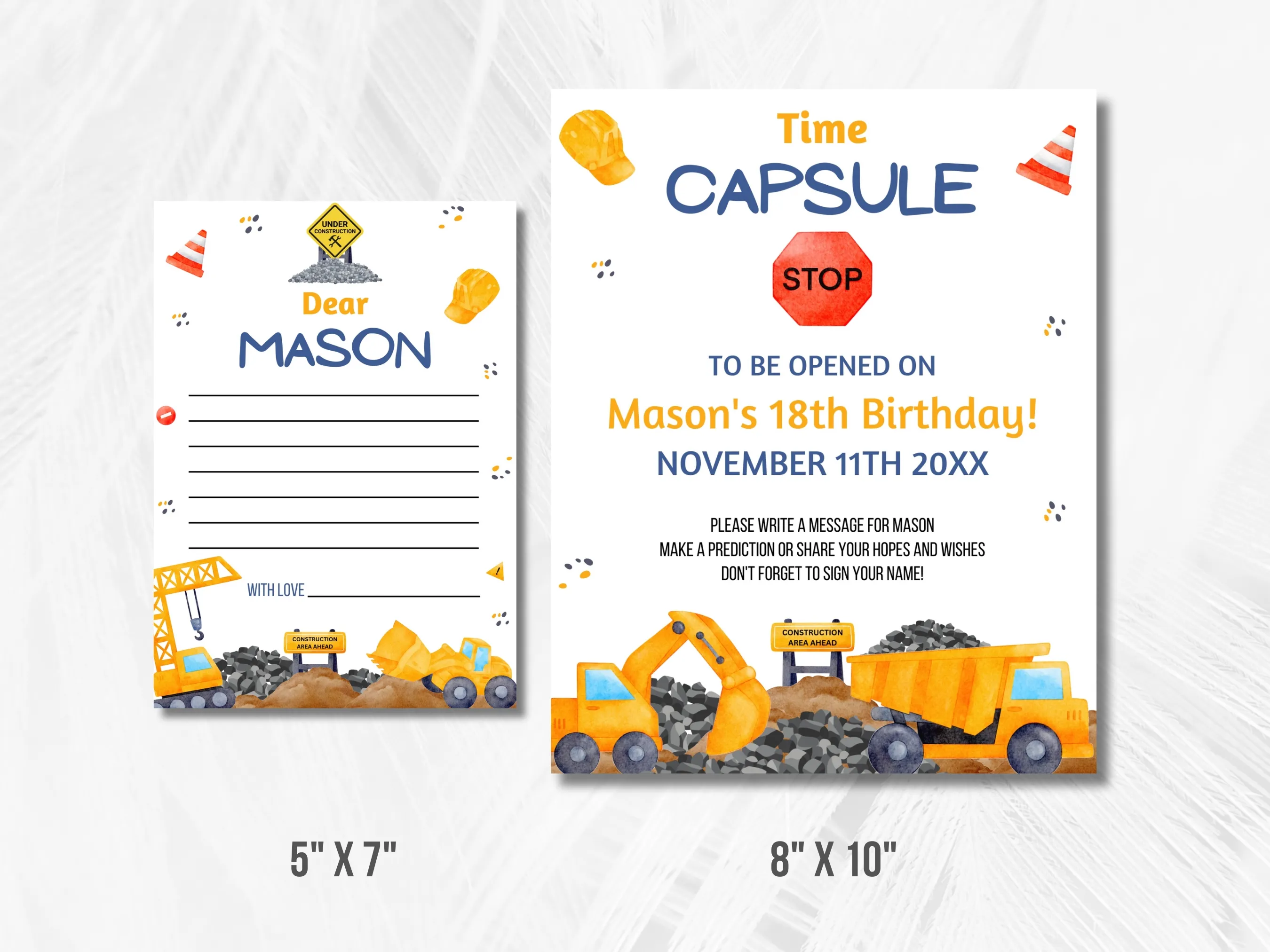 Construction 1st Birthday Time Capsule Sign & Wishes Card | Excavator Party Guest Book | Editable Canva Template | Digital Download