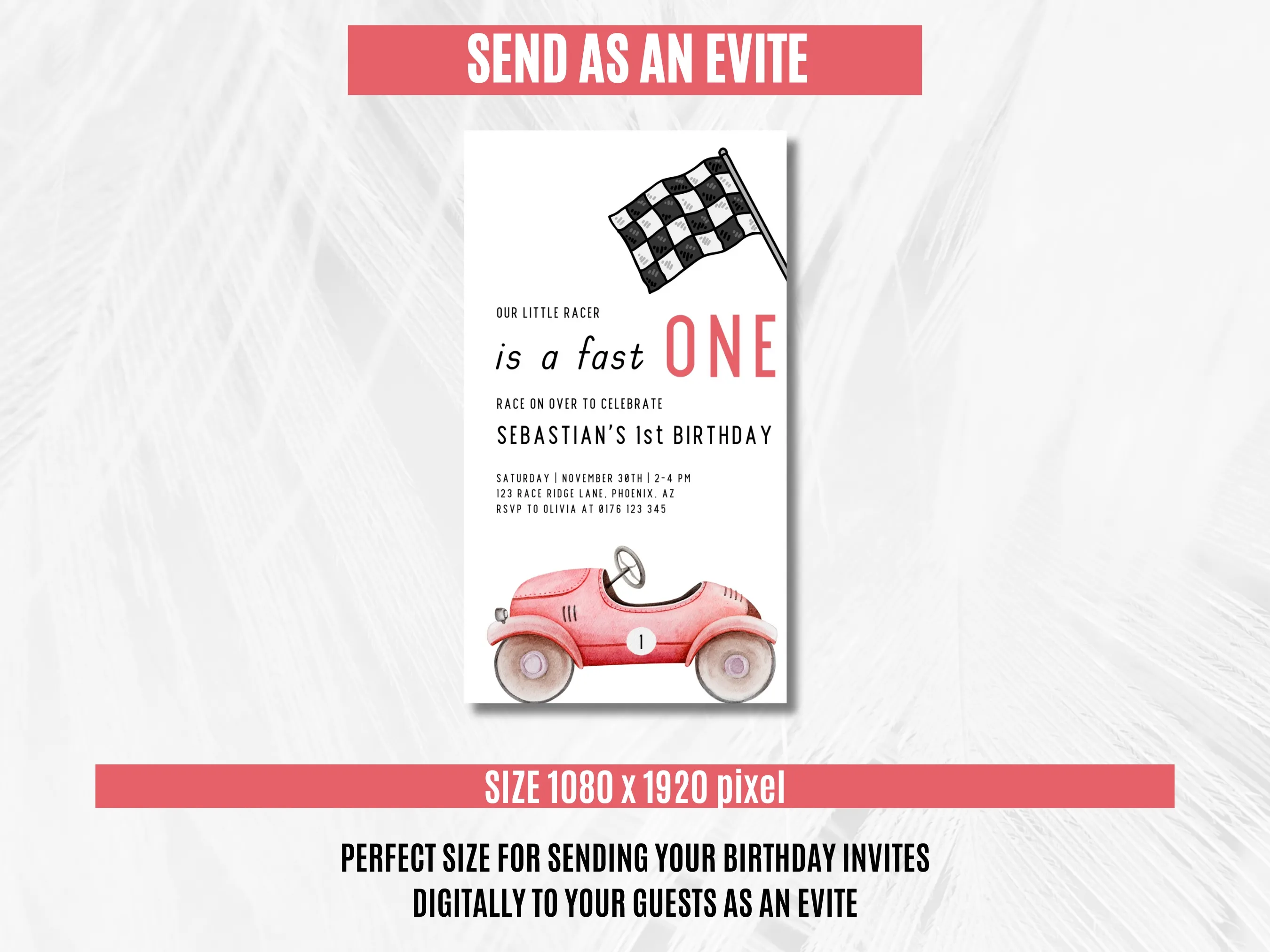 Fast One Birthday Evite | Red Vintage Race Car 1st Birthday Mobile Invitation | Editable Canva Template | Digital Download