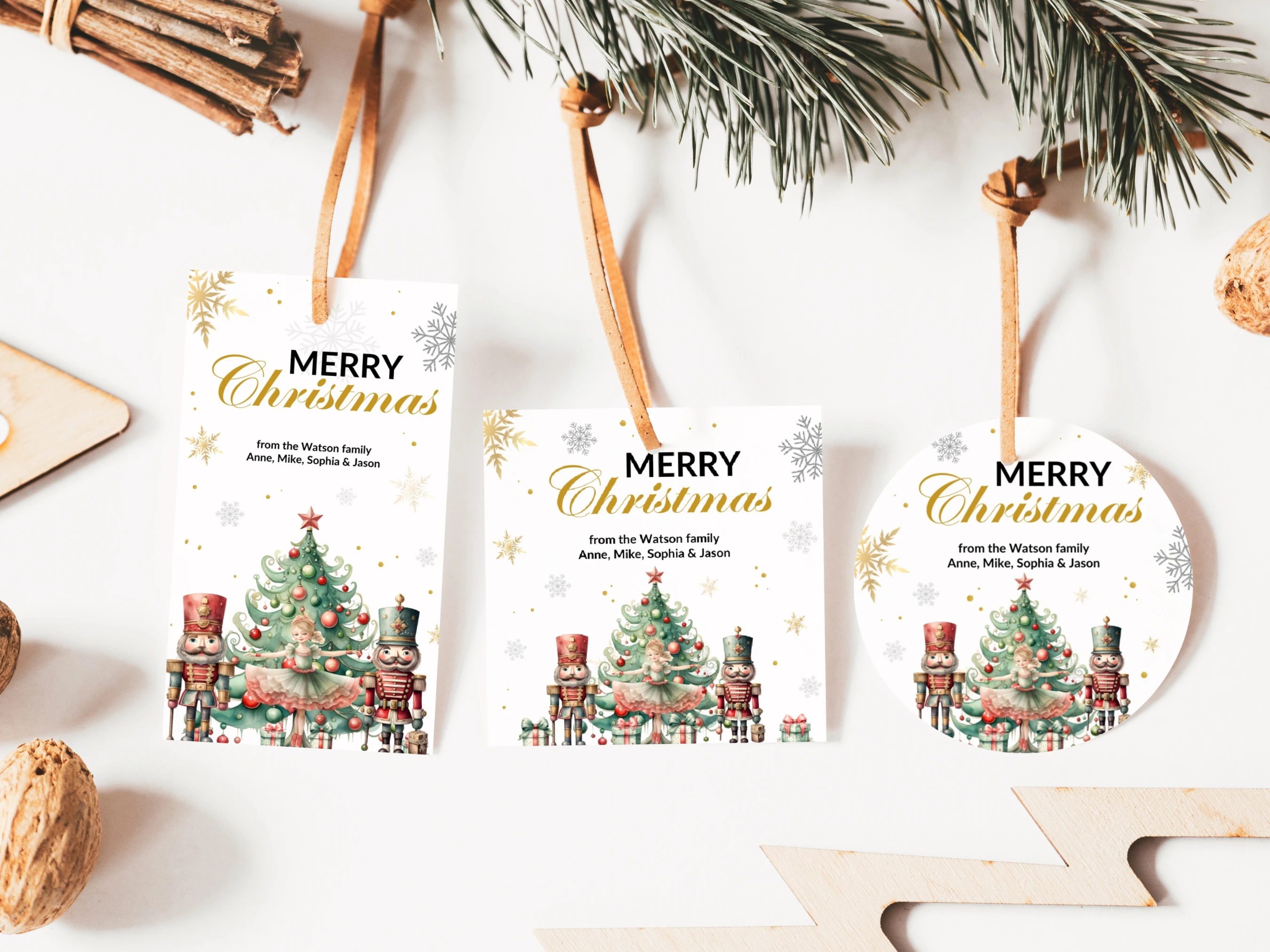 Nutcracker Christmas gift tags and printable holiday favor labels with festive tree design, editable Canva template digital download