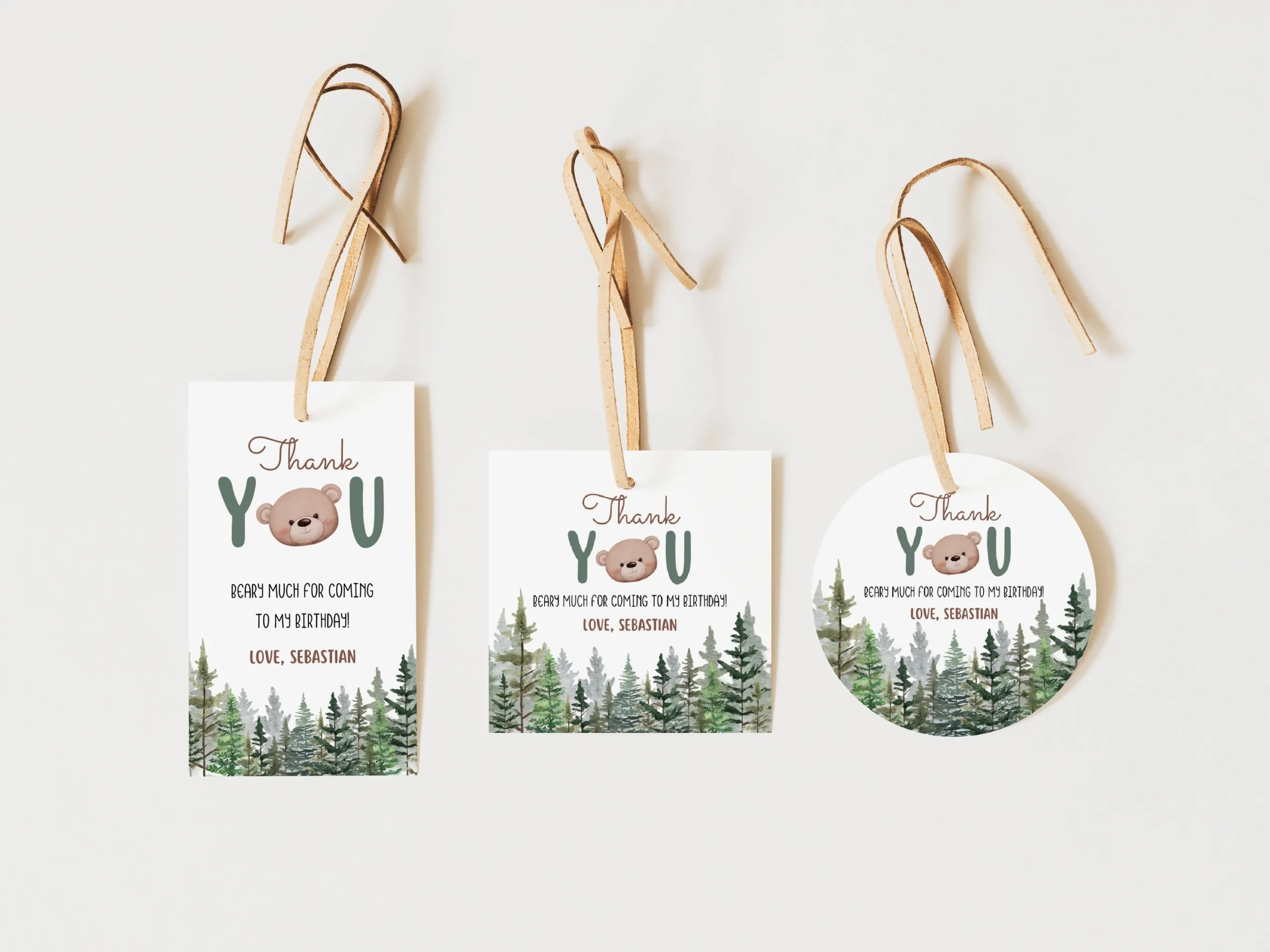 Woodland birthday gift tags with cute brown bear and forest theme, rustic party favor labels, editable Canva template by fllcdesigns
