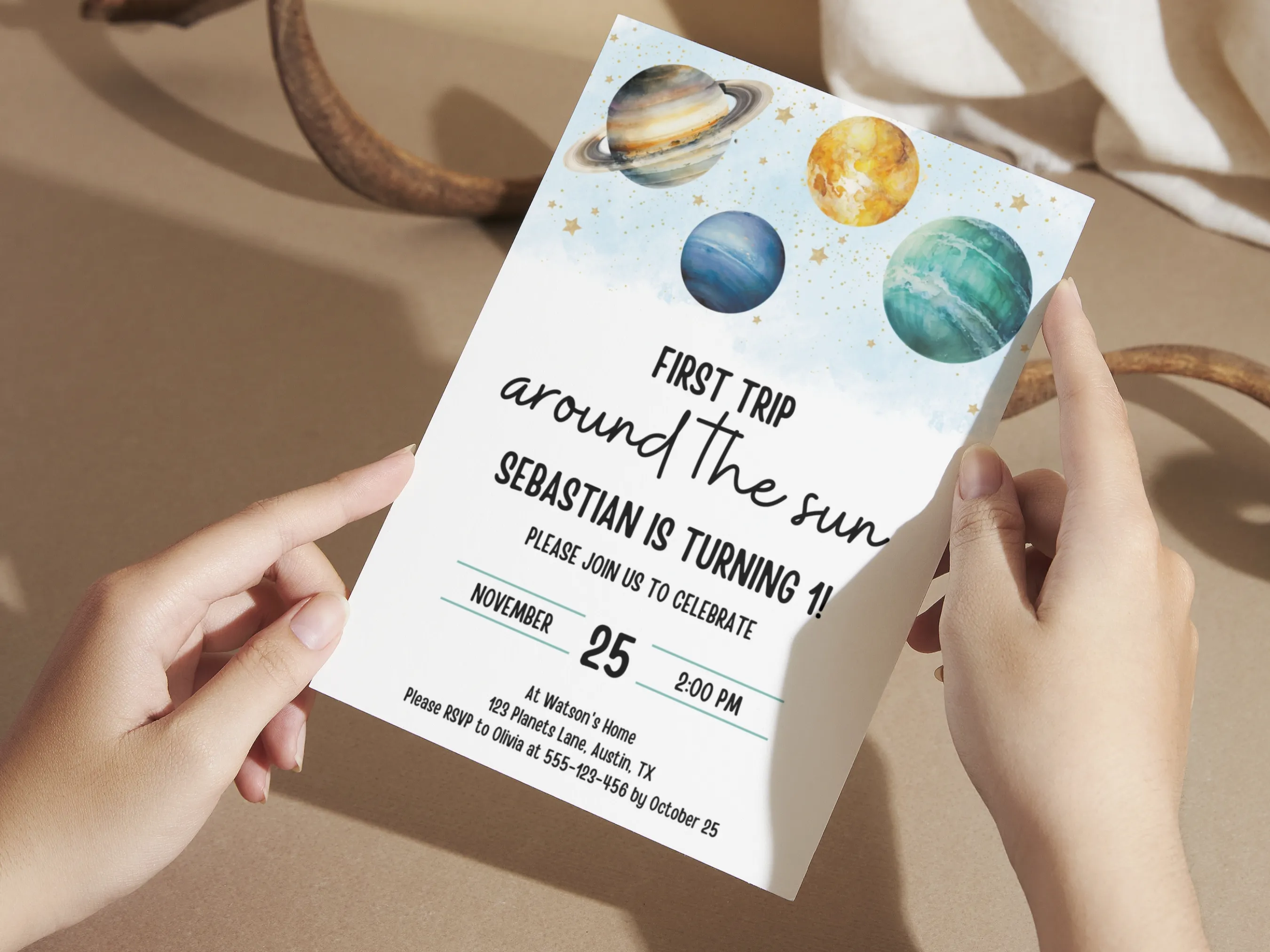 First Trip Around The Sun Invitation | Outer Space Birthday | | Editable Canva Template | Digital Download