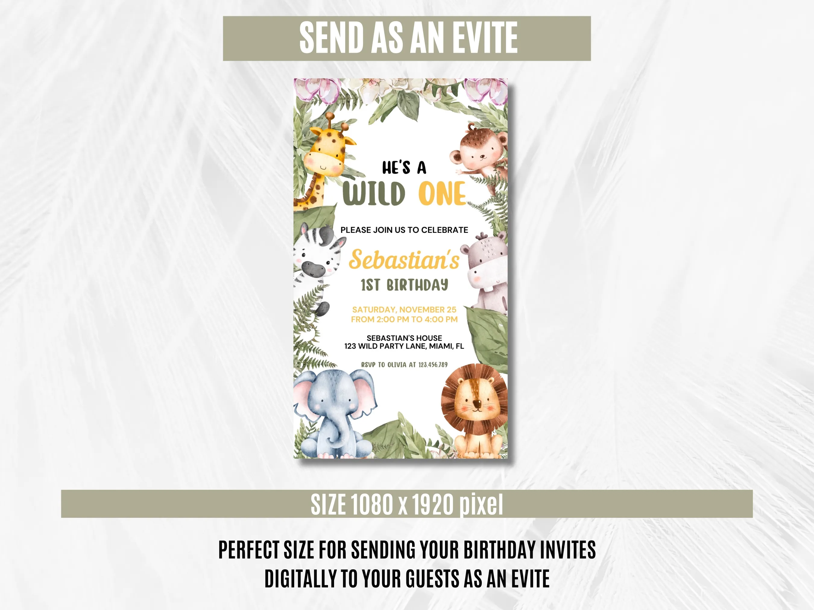Wild One Safari Birthday Mobile Invitation | Jungle Animals Evite | Editable Canva Template | Digital Download