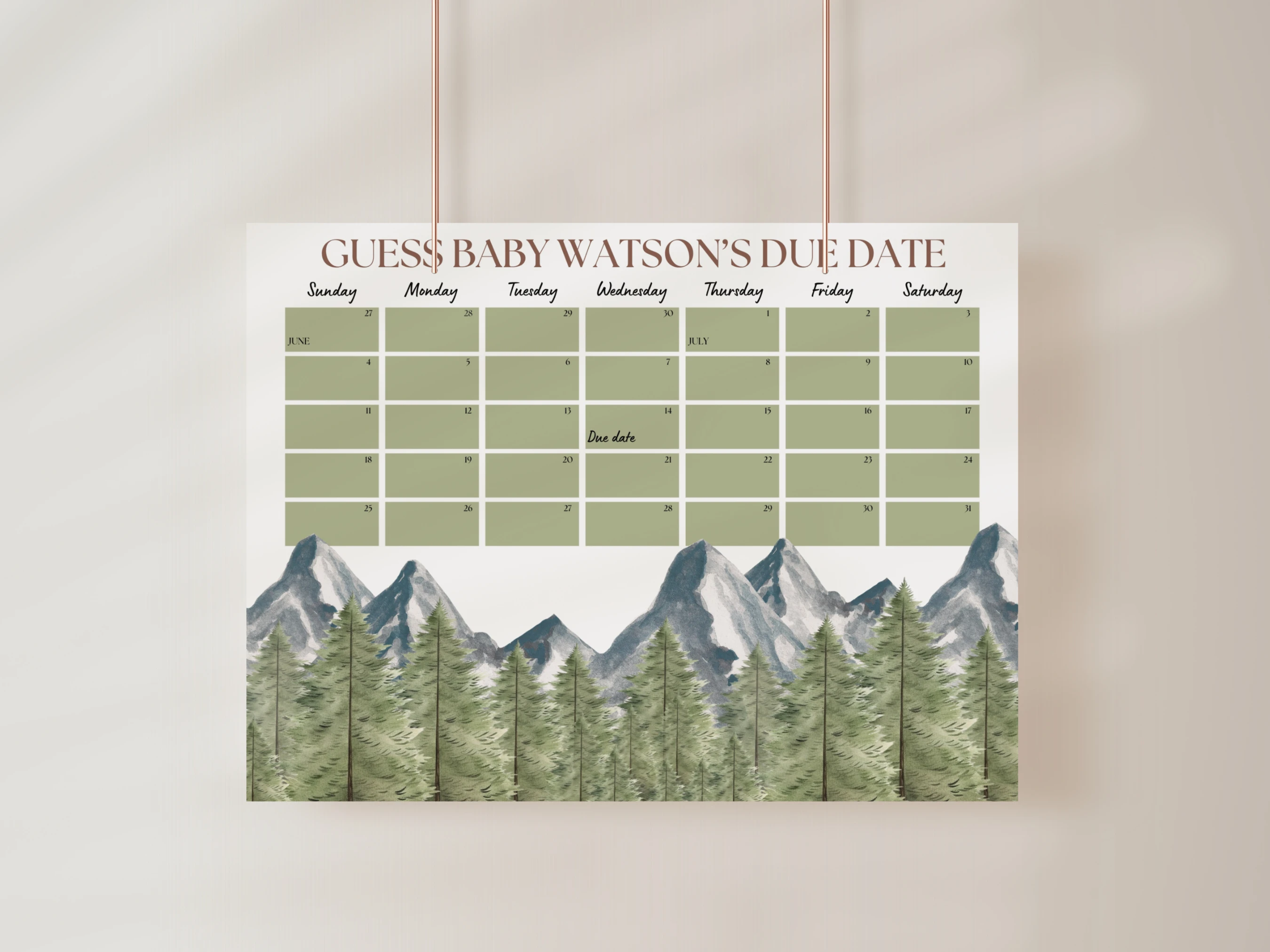 adventure awaits baby shower due date calendar woodland forest mountain prediction game canva template digital download, woodland baby shower prediction game forest mountains decorations canva template