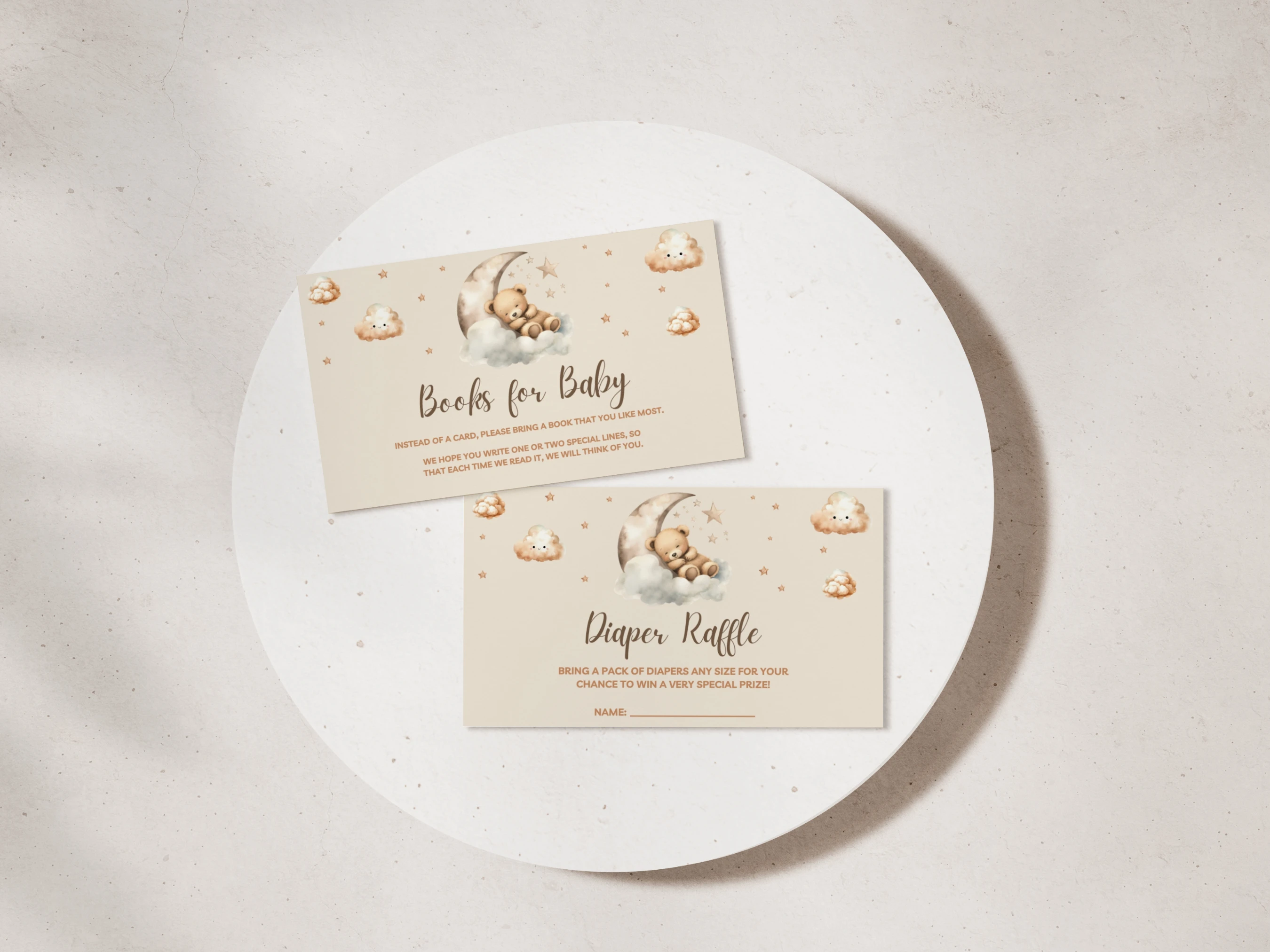 teddy bear diaper raffle card, over the moon books for baby card, baby shower diaper raffle ticket printable, moon and stars baby shower insert, editable diaper raffle card Canva