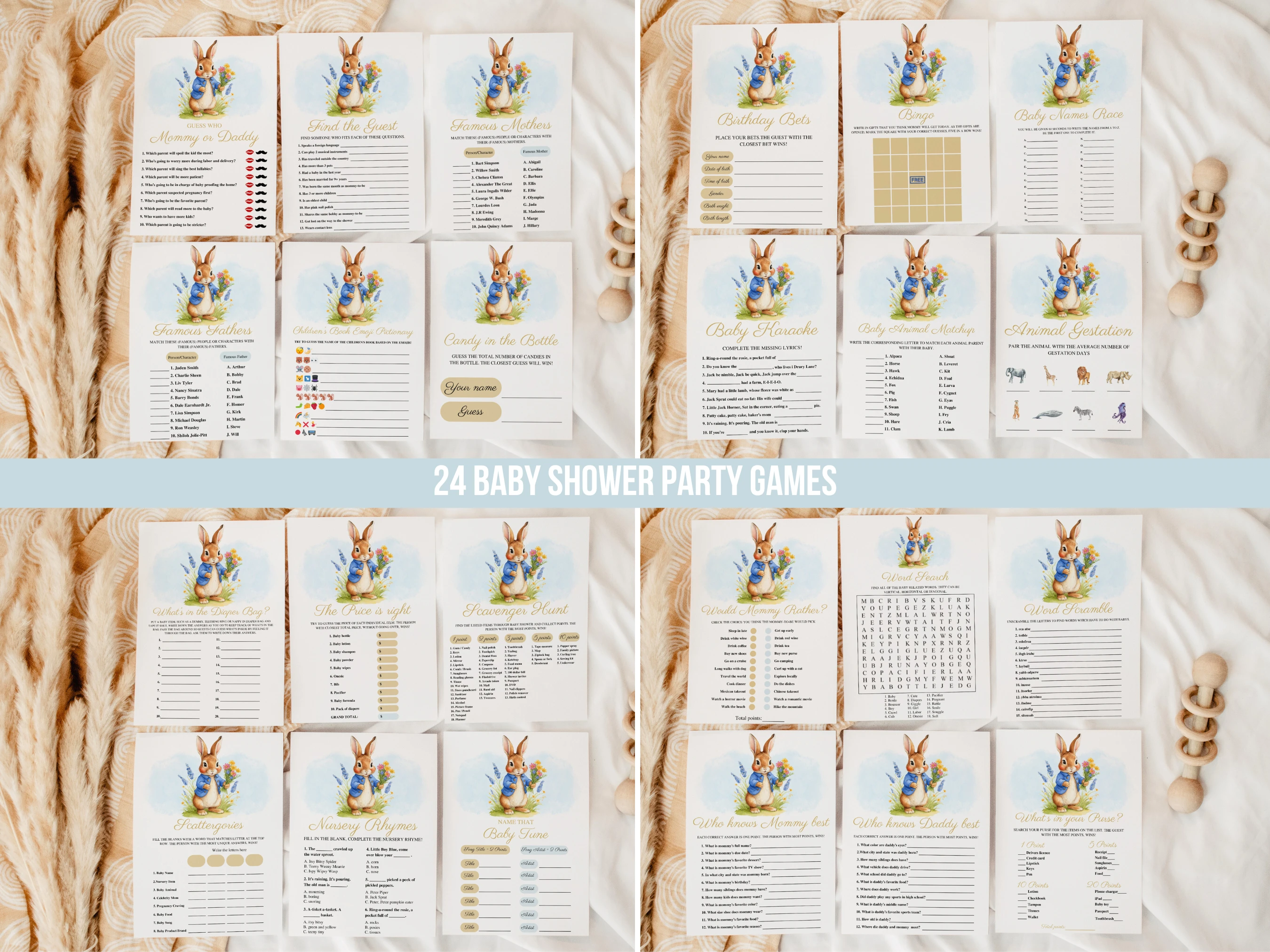 Peter Rabbit Baby Shower Games Bundle | Flopsy Bunny Baby Shower Bingo Printable Games | Baby Shower Party Games | Editable Canva Template | Digital Download