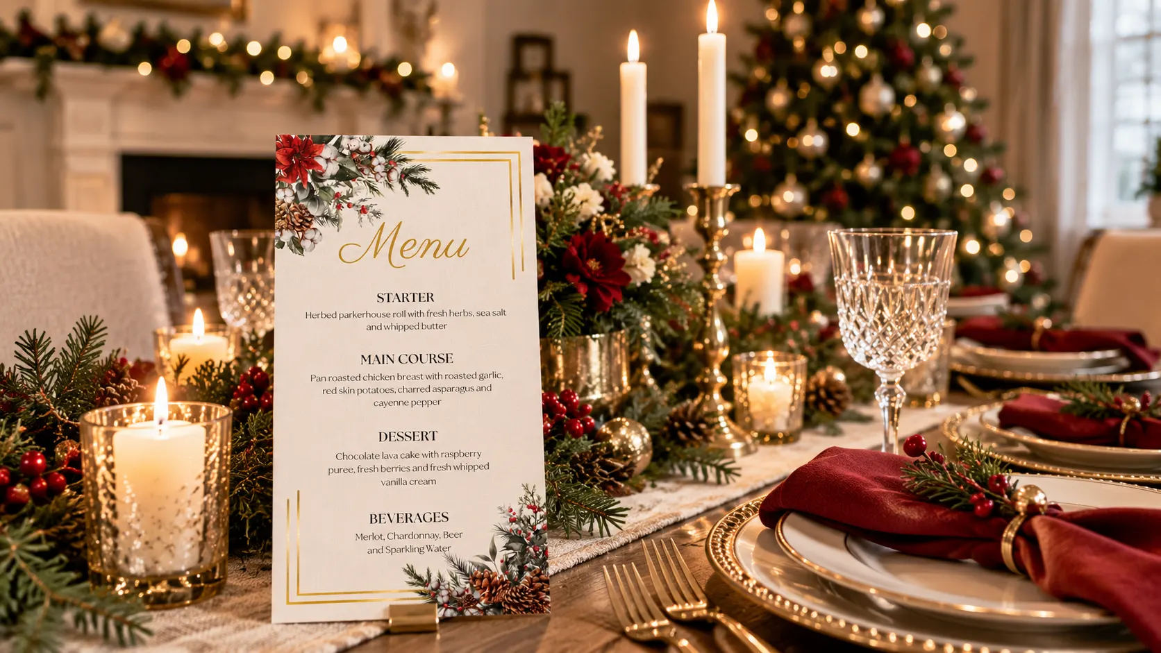 Elegant Christmas dinner table with a festive menu, candles, greenery and gold place settings