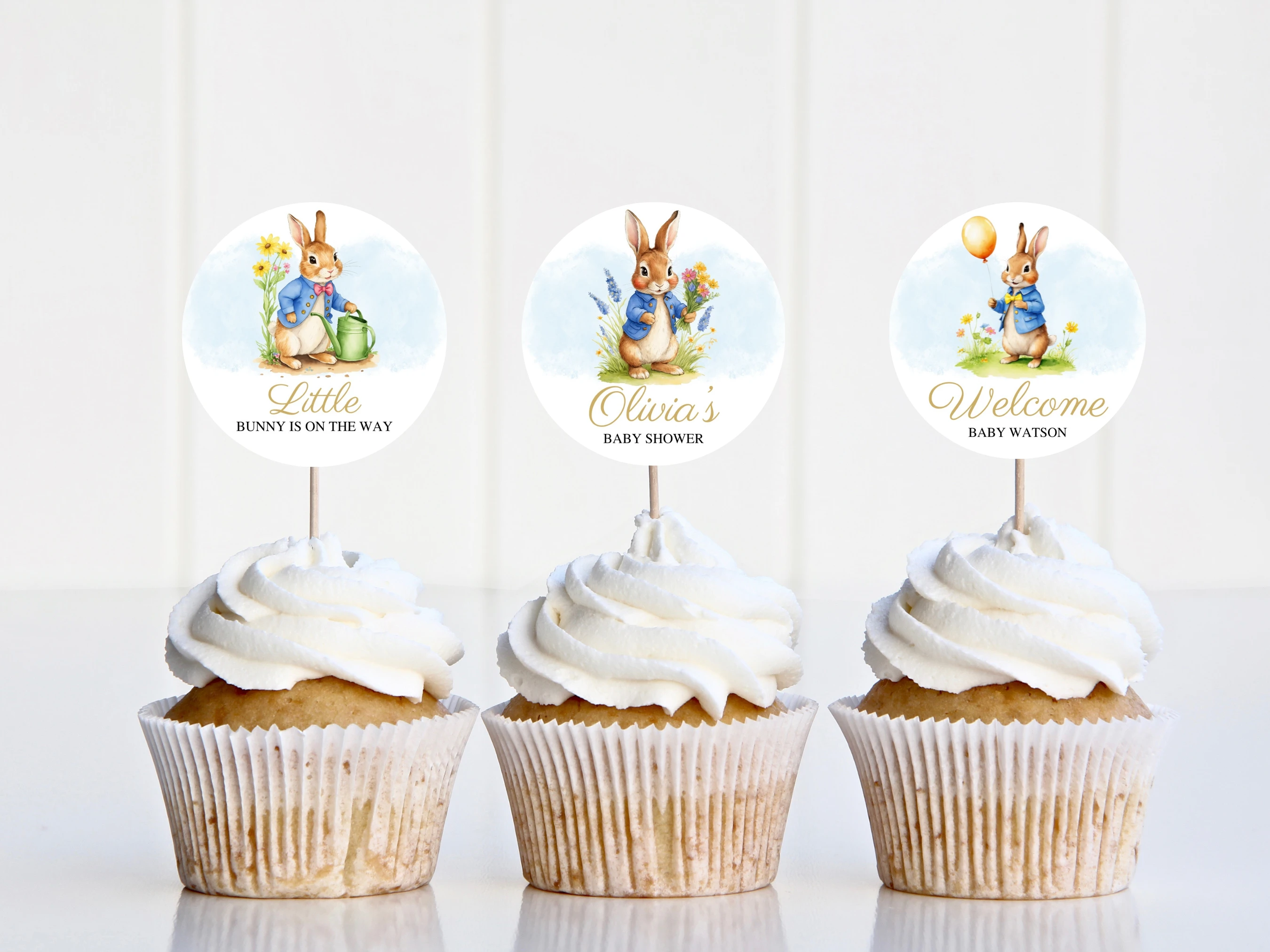 Peter Rabbit Baby Shower Cupcake Toppers | Flopsy Bunny Spring Greenery Cake Topper | Editable Canva Template | Digital Download