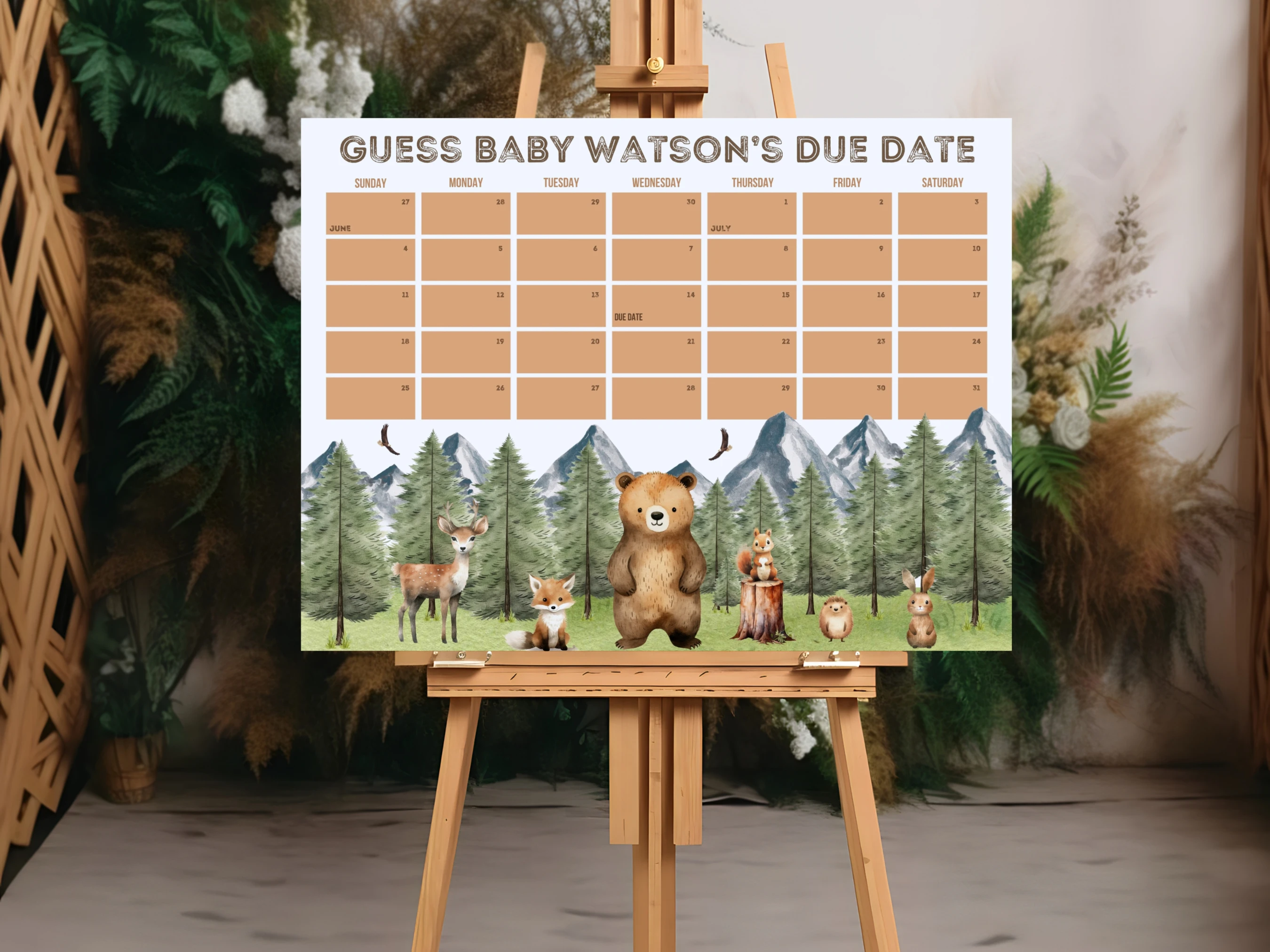 Woodland Baby Due Date Calendar | Forest Animals Prediction Game | Adventure Awaits Guess The Birthday For Baby Boy | Editable Canva Template | Digital Download