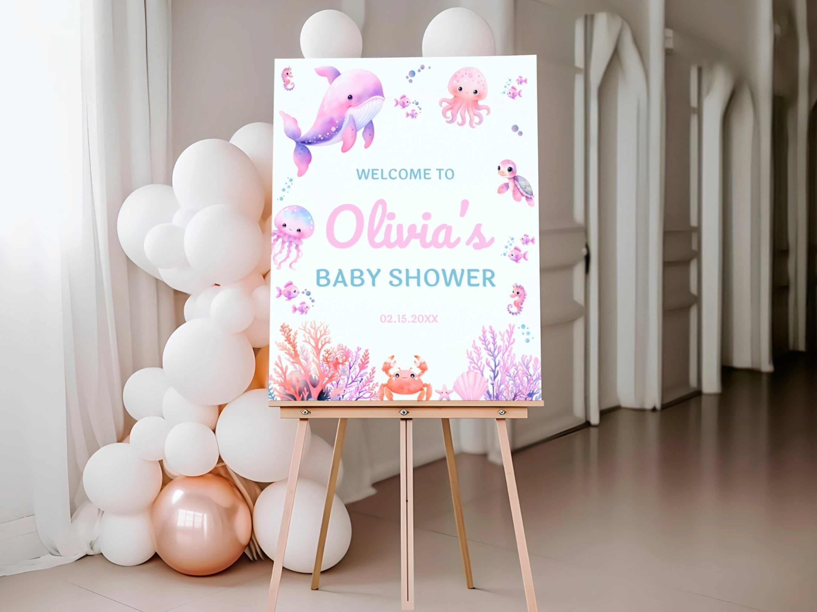 under the sea baby shower welcome sign ocean animals pink baby girl board canva template digital download, ocean animals baby shower welcome board pink girl decorations canva template