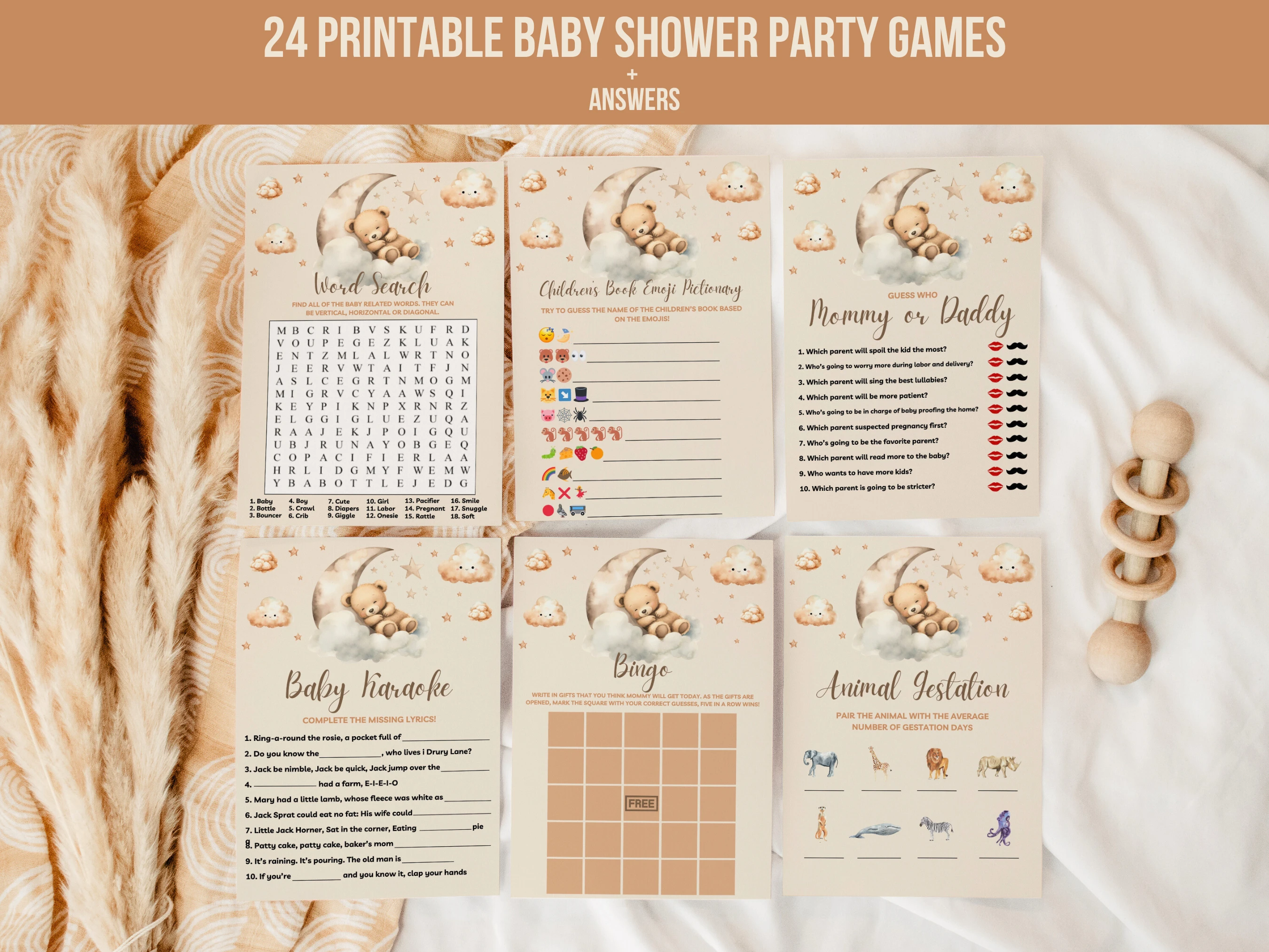 teddy bear baby shower games bundle, baby shower bingo printable games, bear theme baby shower games, 24 printable baby shower games bundle, editable baby shower games Canva