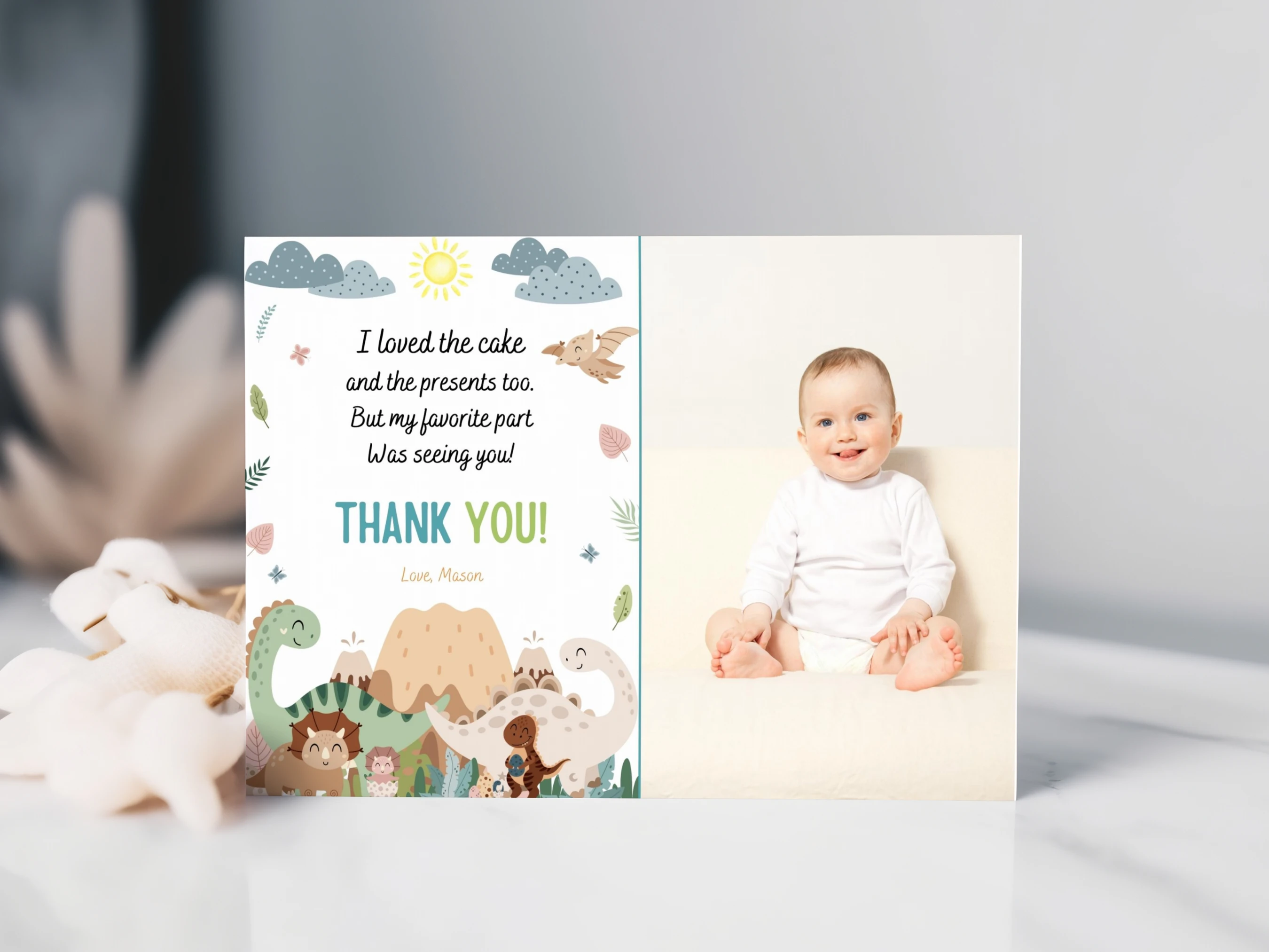 baby dinosaur thank you card, dino party thank you note, birthday thank you card with photo, dinosaur birthday thank you note, printable kids thank you card