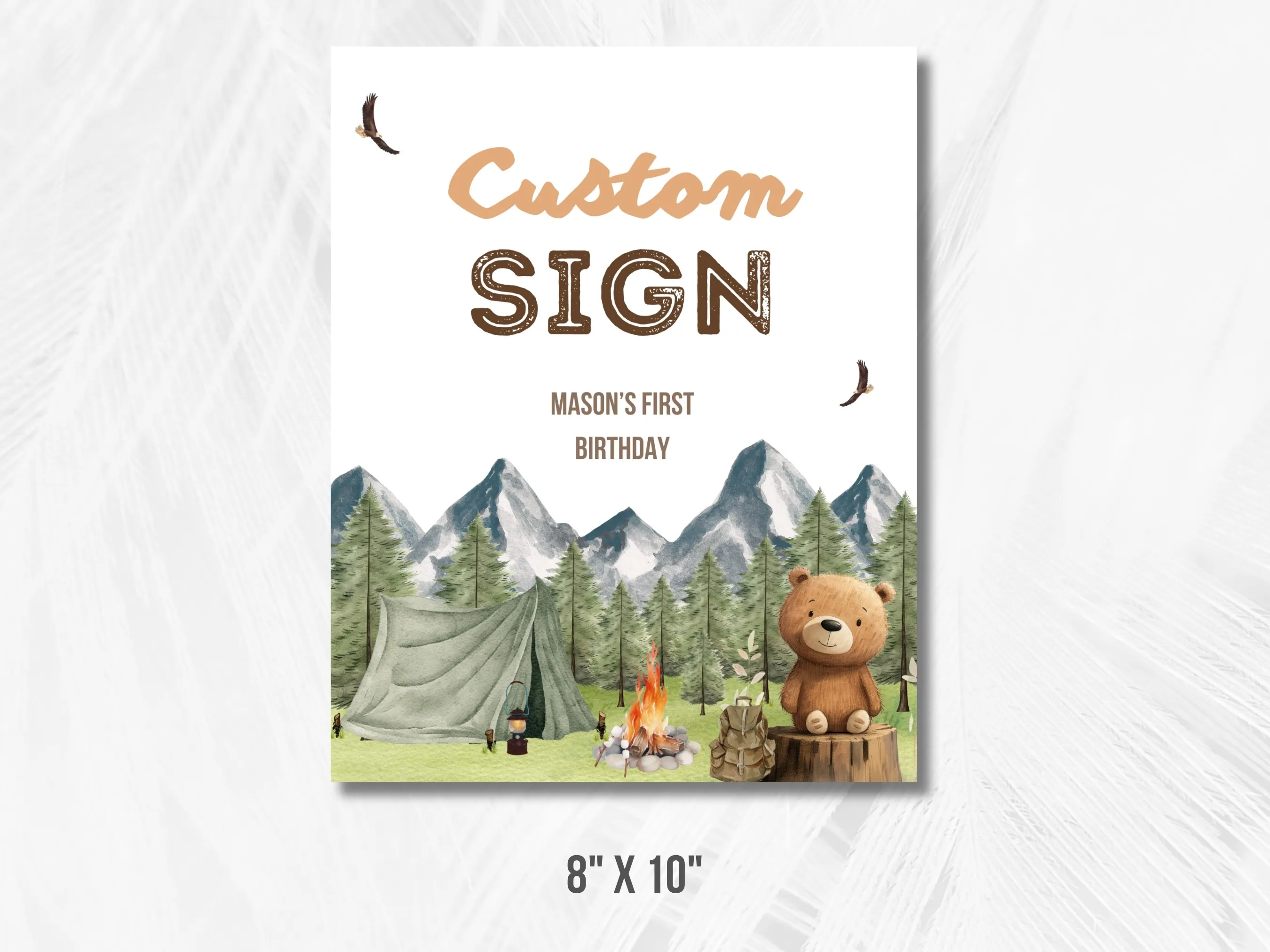 One Happy Camper Custom Birthday Sign | Camping Birthday Party Cards & Gifts Sign | Woodland Party Gift Table Sign | Editable Canva Template | Digital Download