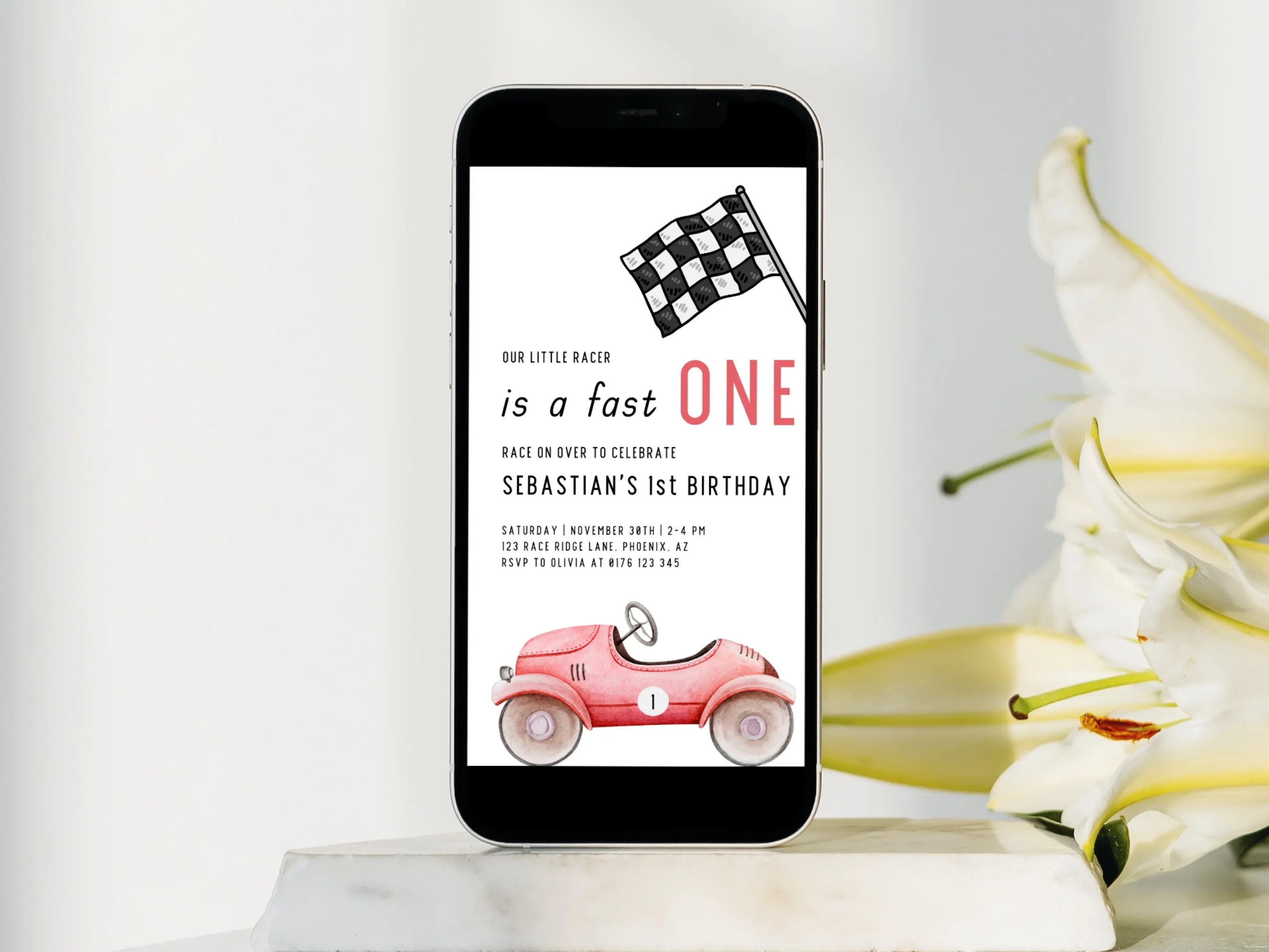 Fast One birthday evite with red vintage race car 1st birthday mobile invitation design, editable Canva template, digital download.