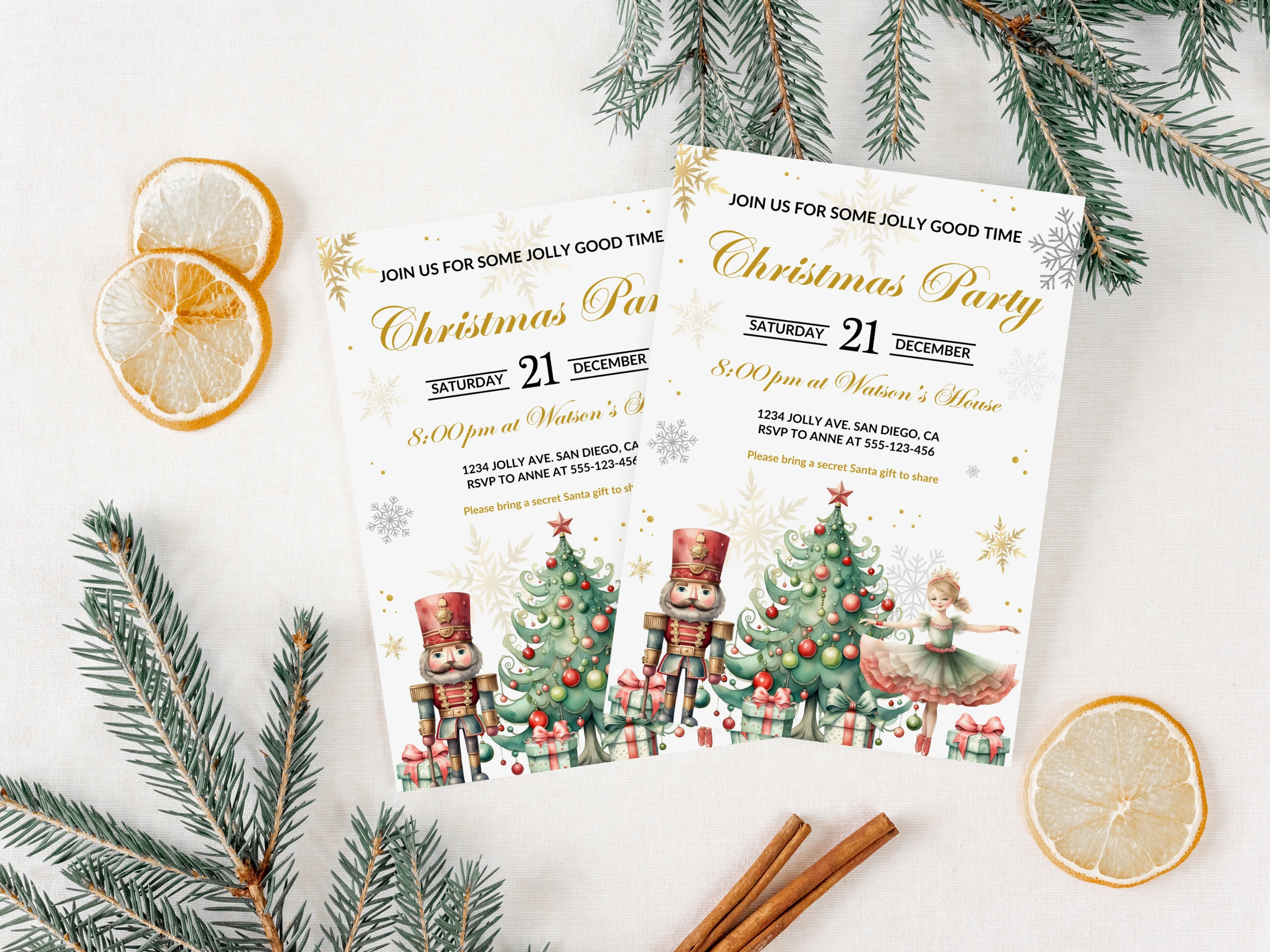 Nutcracker Christmas Party Invitation | Sugar Plum Fairy Holiday Design | Editable Canva Template | Digital Download