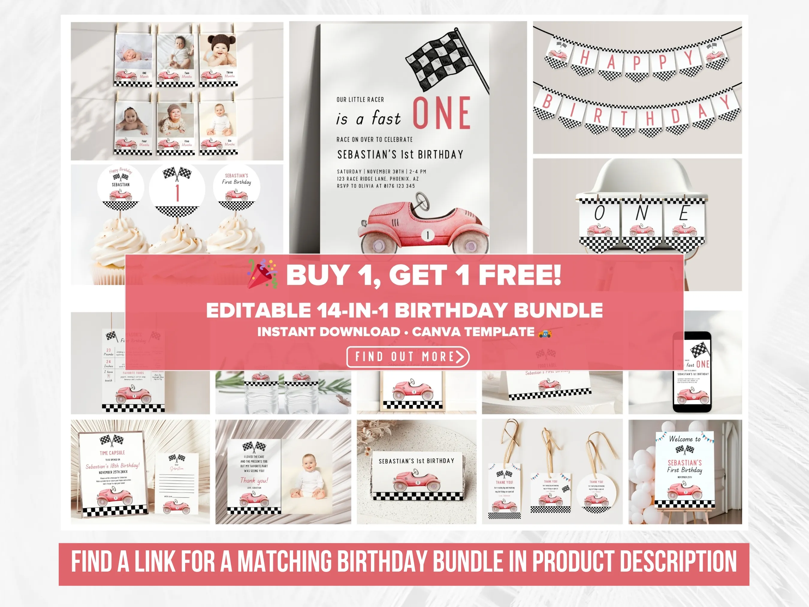 Fast One Birthday Evite | Red Vintage Race Car 1st Birthday Mobile Invitation | Editable Canva Template | Digital Download