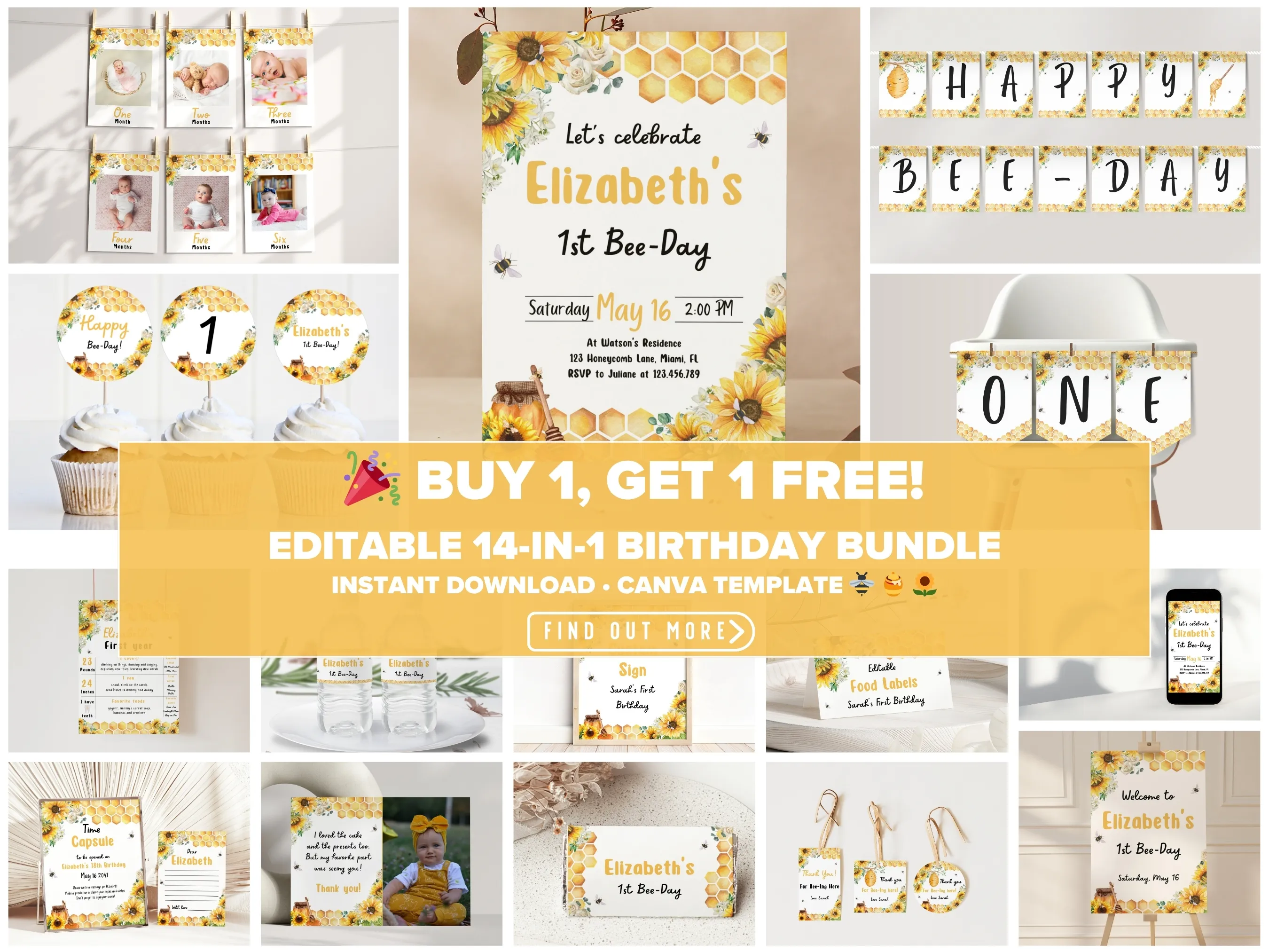 First Bee Day sunflower birthday bundle — bumble bee theme editable Canva templates for invitations, signs & party decorations (digital download)