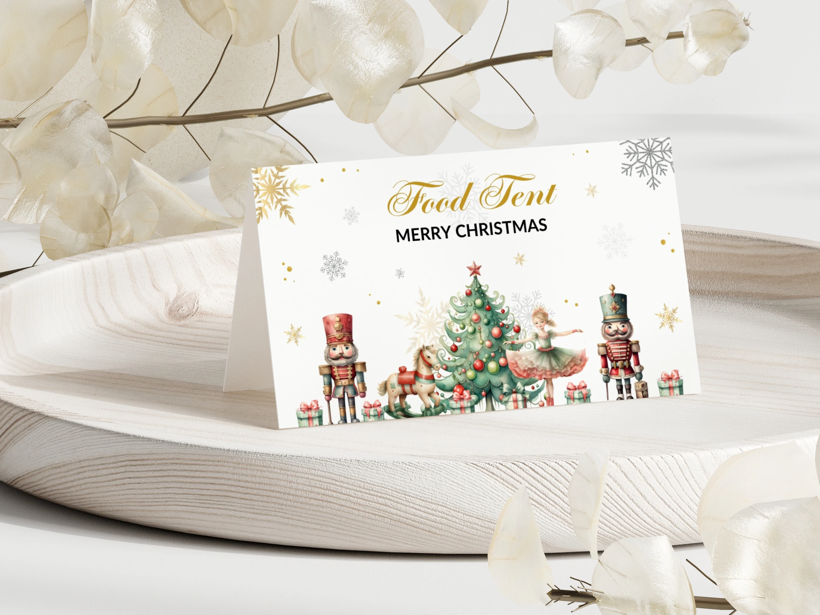 Nutcracker Christmas place cards and printable food tent card templates with festive holiday table decor, editable Canva template digital download