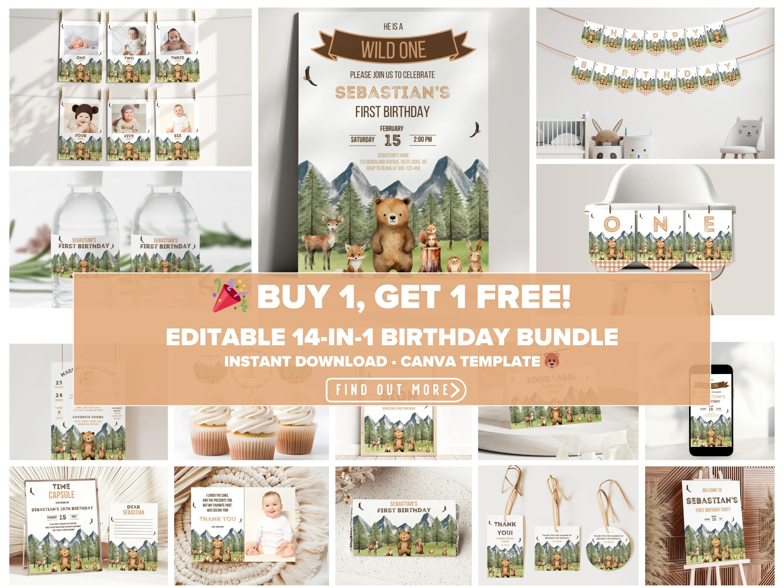 Wild One birthday bundle — woodland animal theme editable Canva templates for boys’ birthday invitations, signs & party decorations (digital download)
