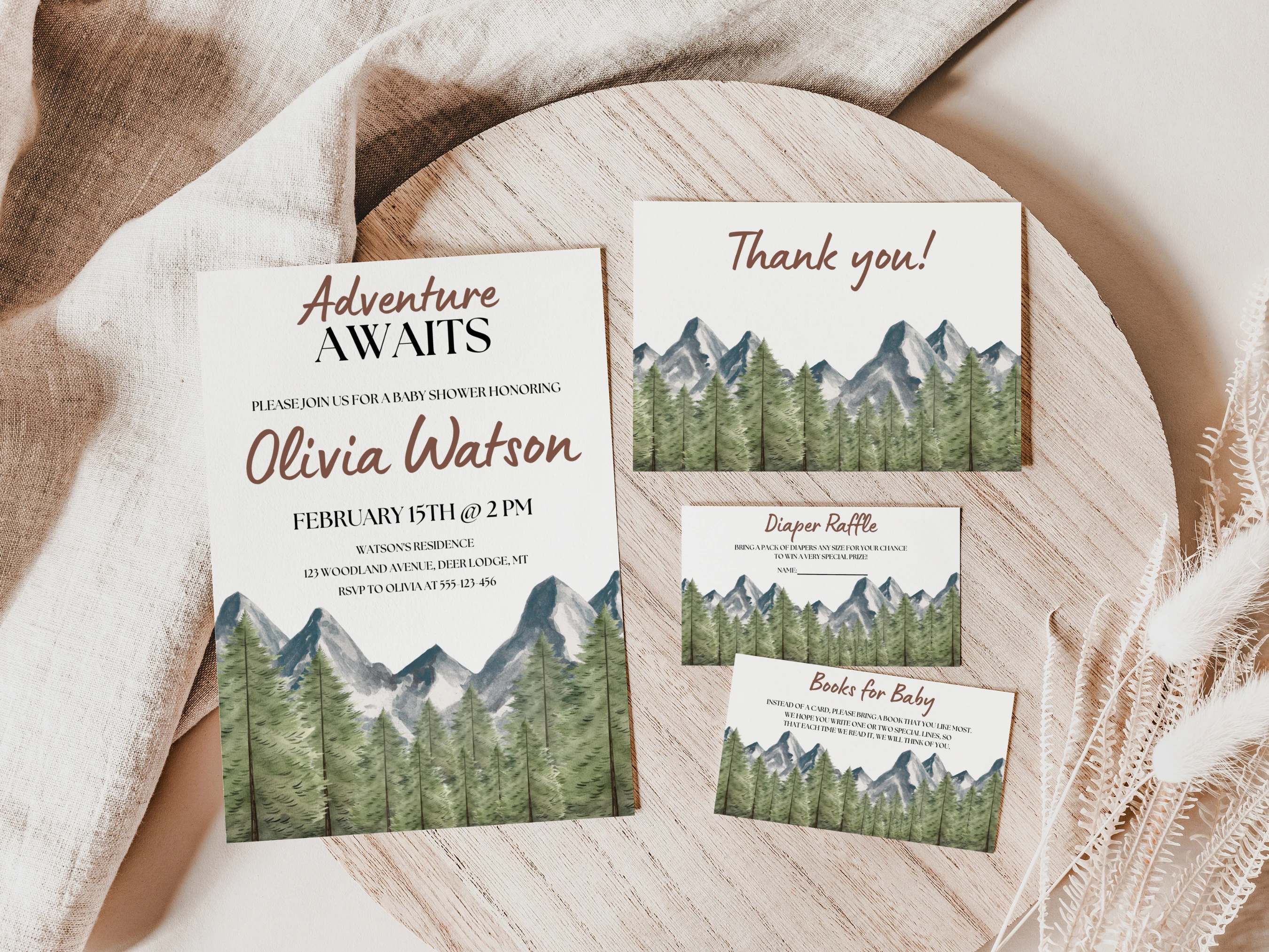 adventure awaits baby shower invitation set forest mountain starter pack gender neutral invite thank you cards diaper raffle books for baby canva template digital download, woodland baby shower invitation