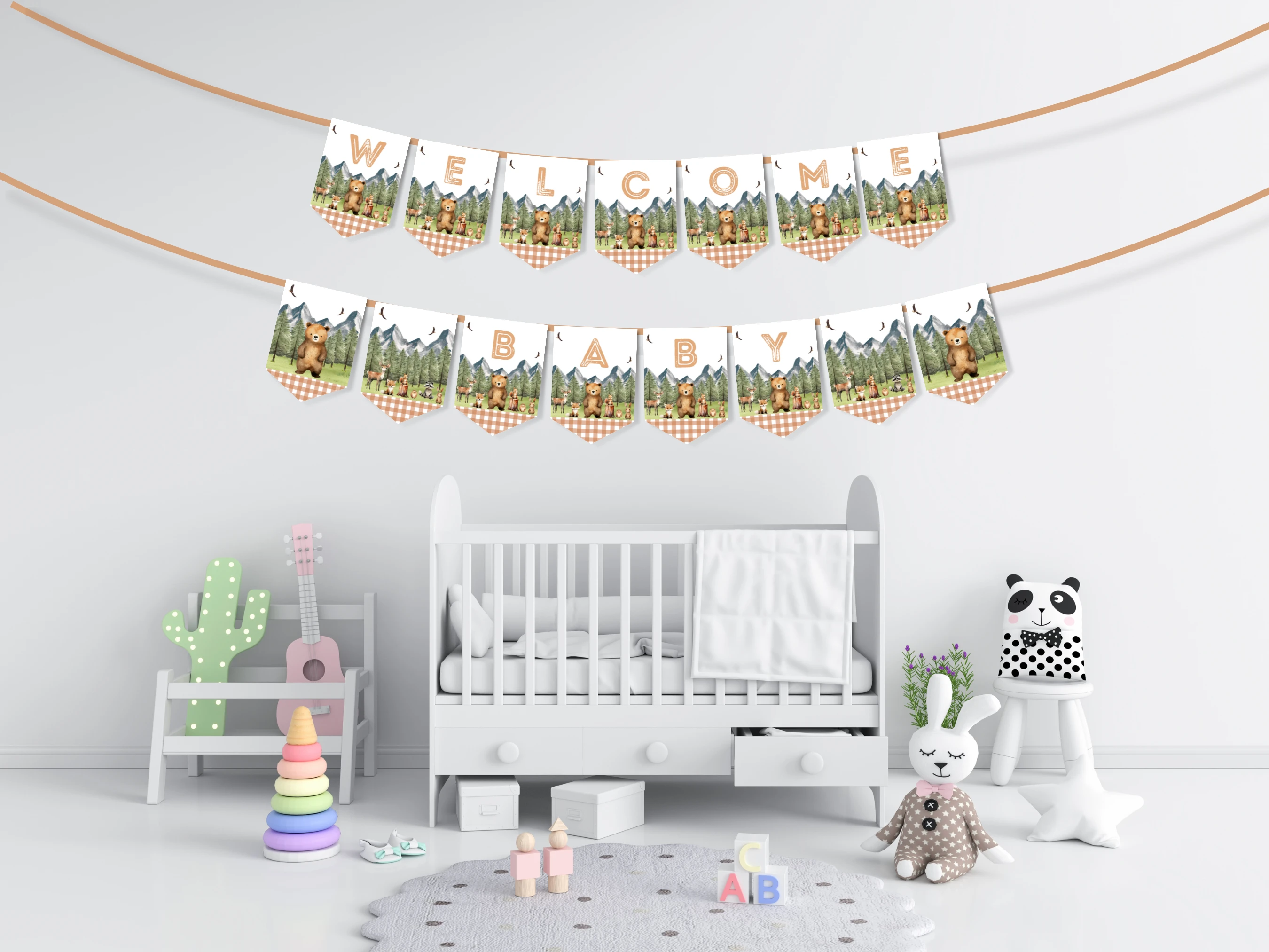 woodland baby shower banner, adventure awaits baby shower bunting, bear theme baby shower banner, mountain baby shower welcome banner, editable baby shower banner Canva