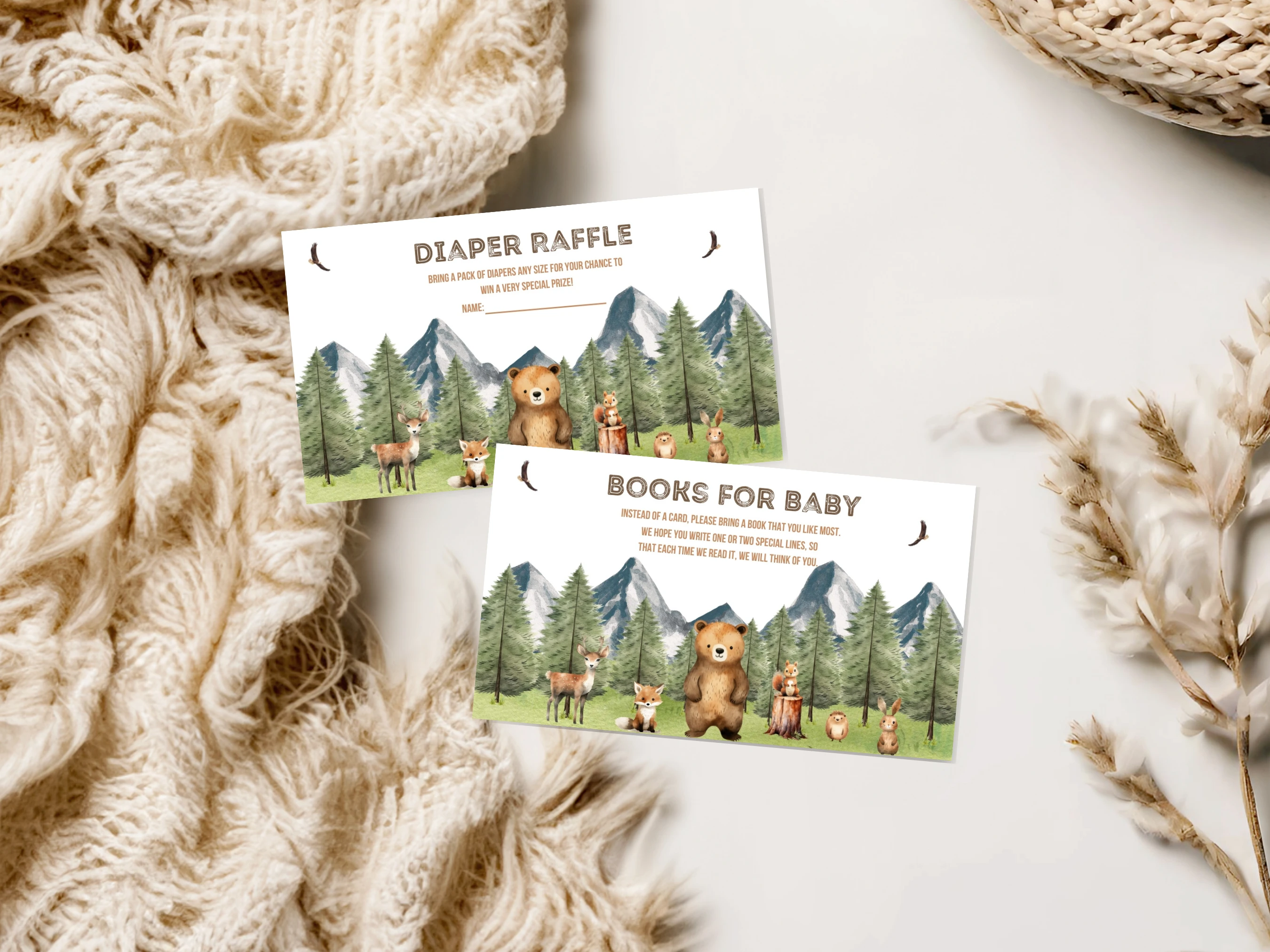 Woodland Baby Shower Diaper Raffle Card | Adventure Awaits Books For Baby Card | Editable Canva Template | Digital Download