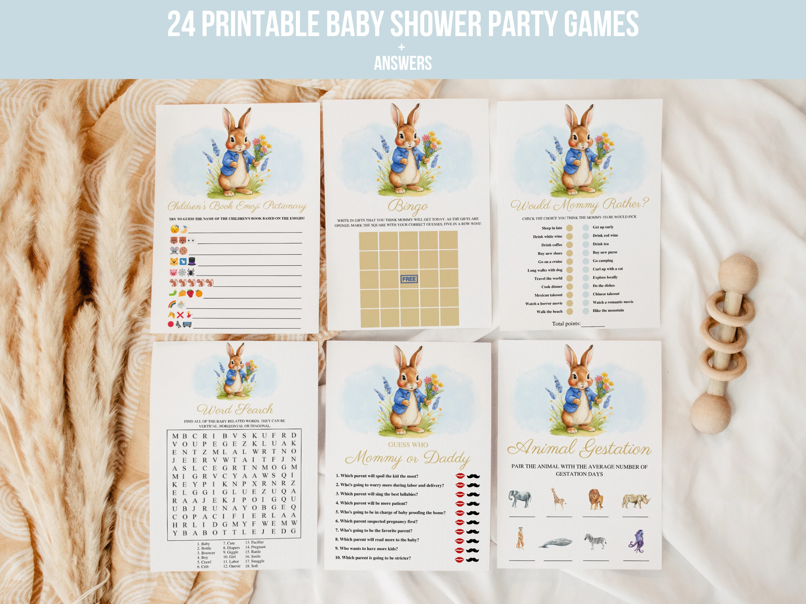 peter rabbit baby shower games bundle, baby shower bingo printable games, flopsy bunny baby shower games, 24 printable baby shower games bundle, editable baby shower games Canva