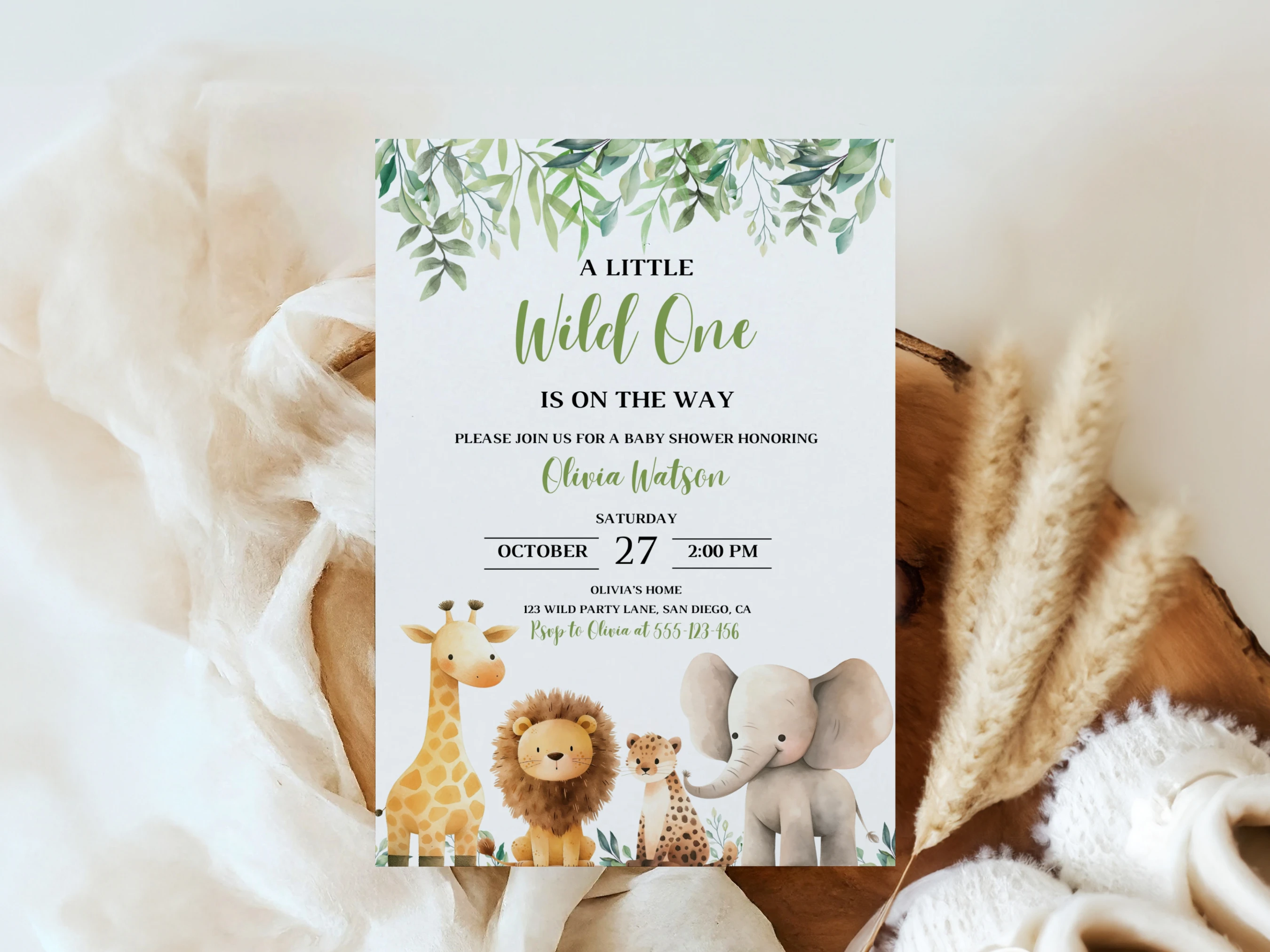 safari baby shower invitation, jungle theme baby shower invite, wild one baby shower invitation template, printable baby shower invite, editable baby shower invitation Canva
