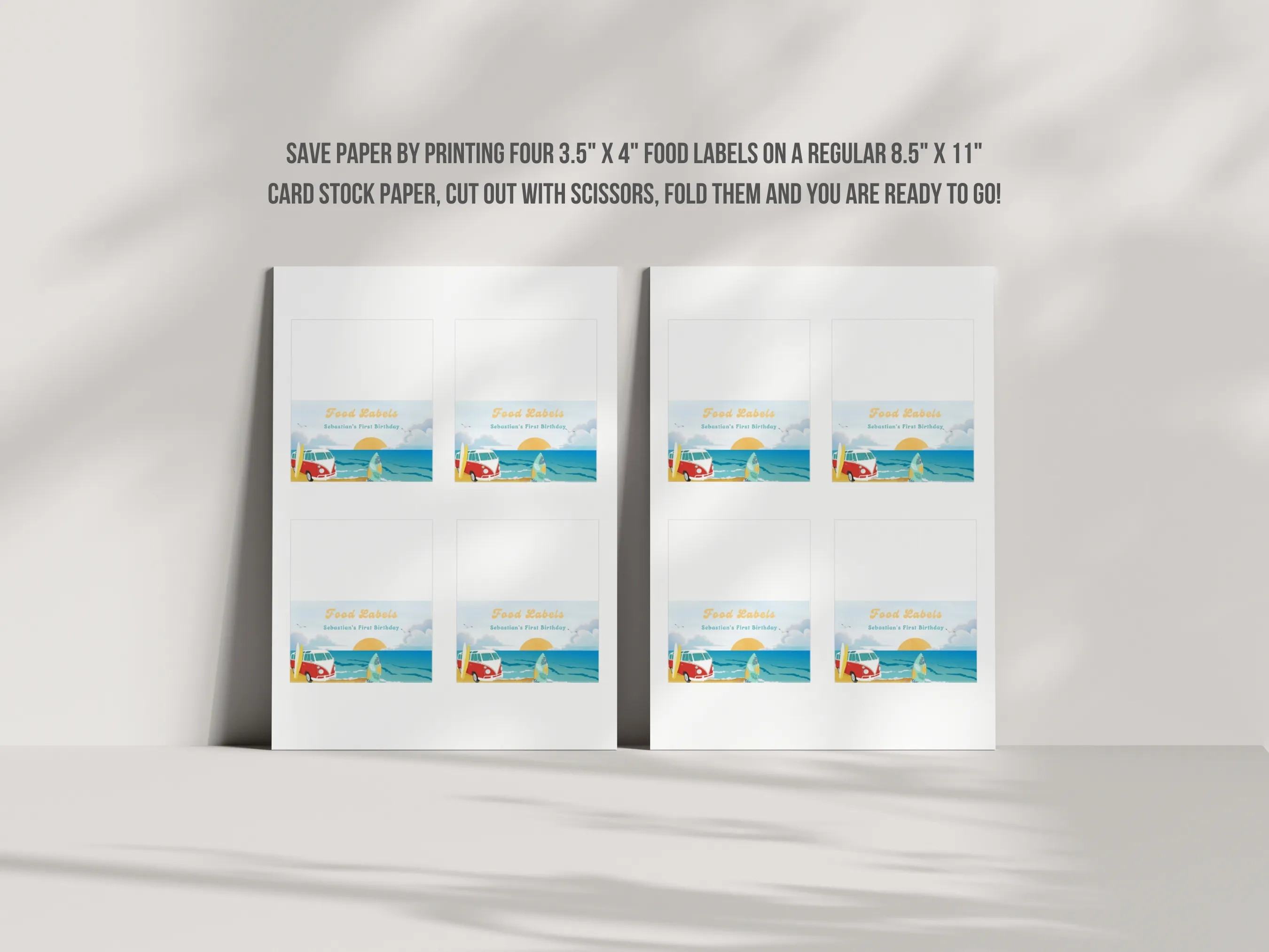 Surf Birthday Food Tent Cards | Beach Party Table Labels | Surfboard Name Tags | Editable Canva Template | Digital Download