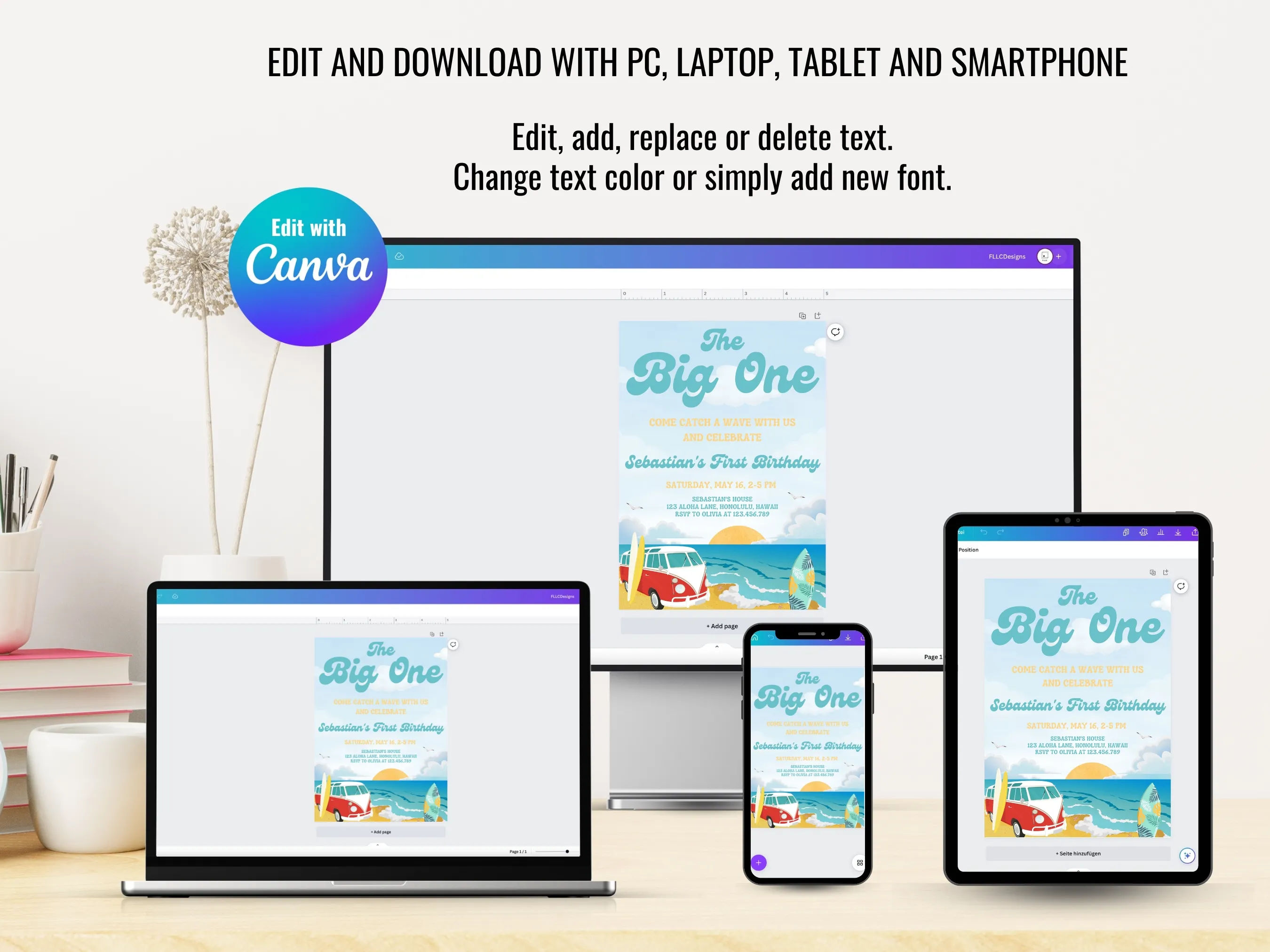 The Big One Birthday Bundle | Surf Birthday Party | Beach Theme | VW Truck | Editable Canva Template | Digital Download