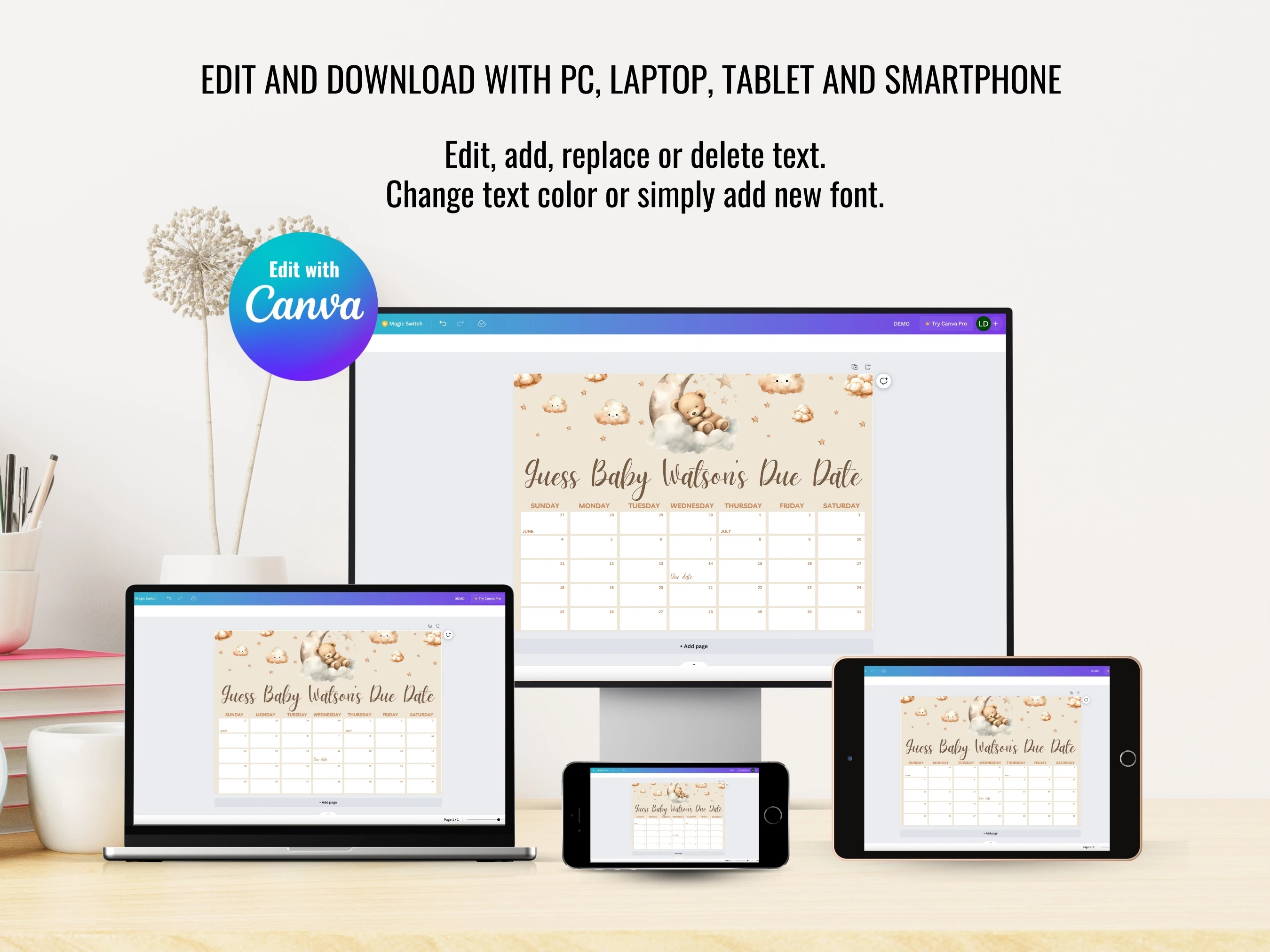 Sleeping Teddy Bear Baby Due Date Calendar | Over The Moon Beige Gold Prediction Game | Guess The Birthday | Editable Canva Template | Digital Download