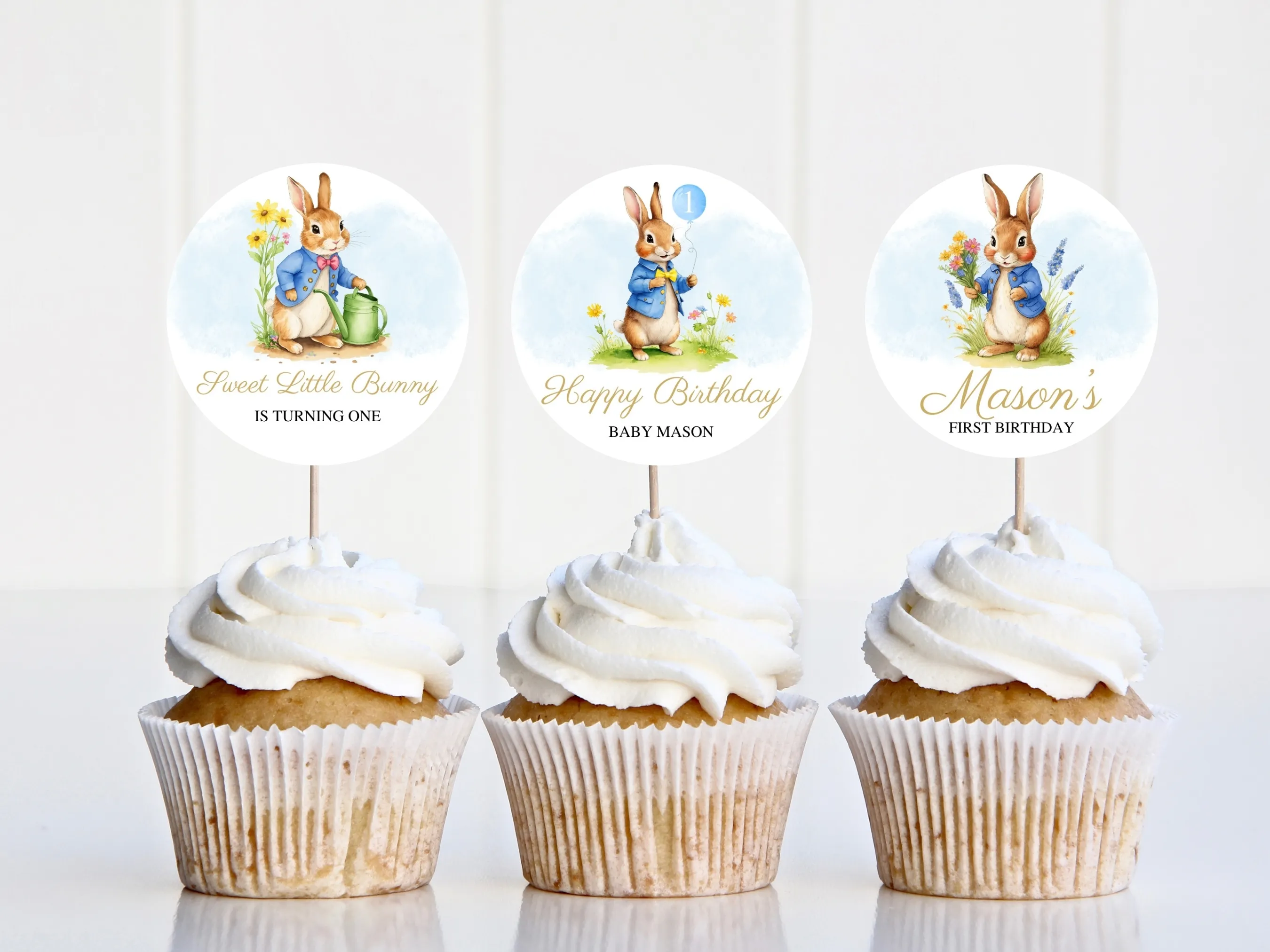 Peter Rabbit birthday cupcake toppers with Flopsy Bunny “One” cake topper for first birthdays, editable Canva template by fllcdesigns