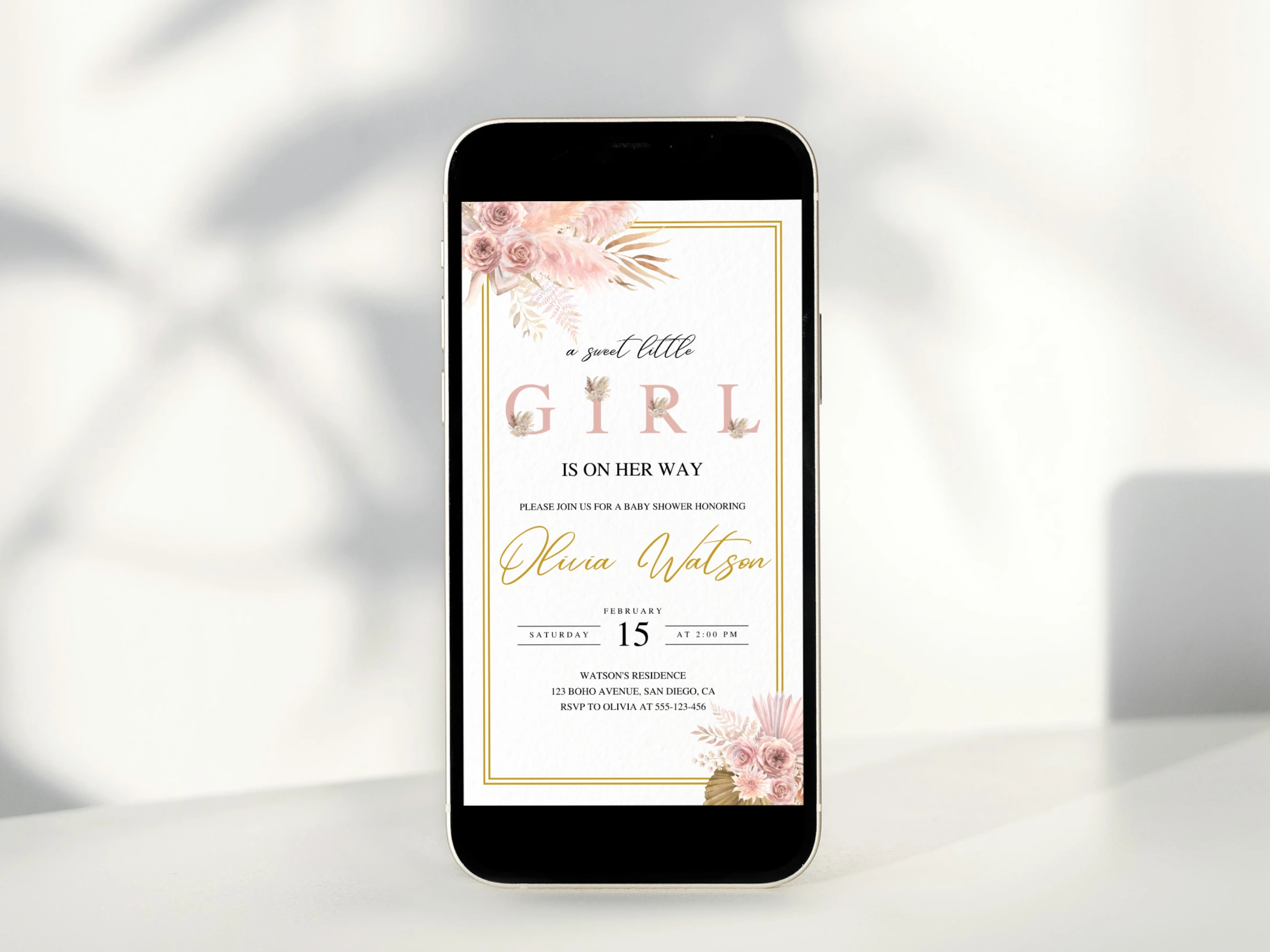 boho baby shower mobile invitation, pampas grass girl baby shower digital invite, pink and gold baby shower invitation template, printable baby shower invite, editable baby shower invitation Canva