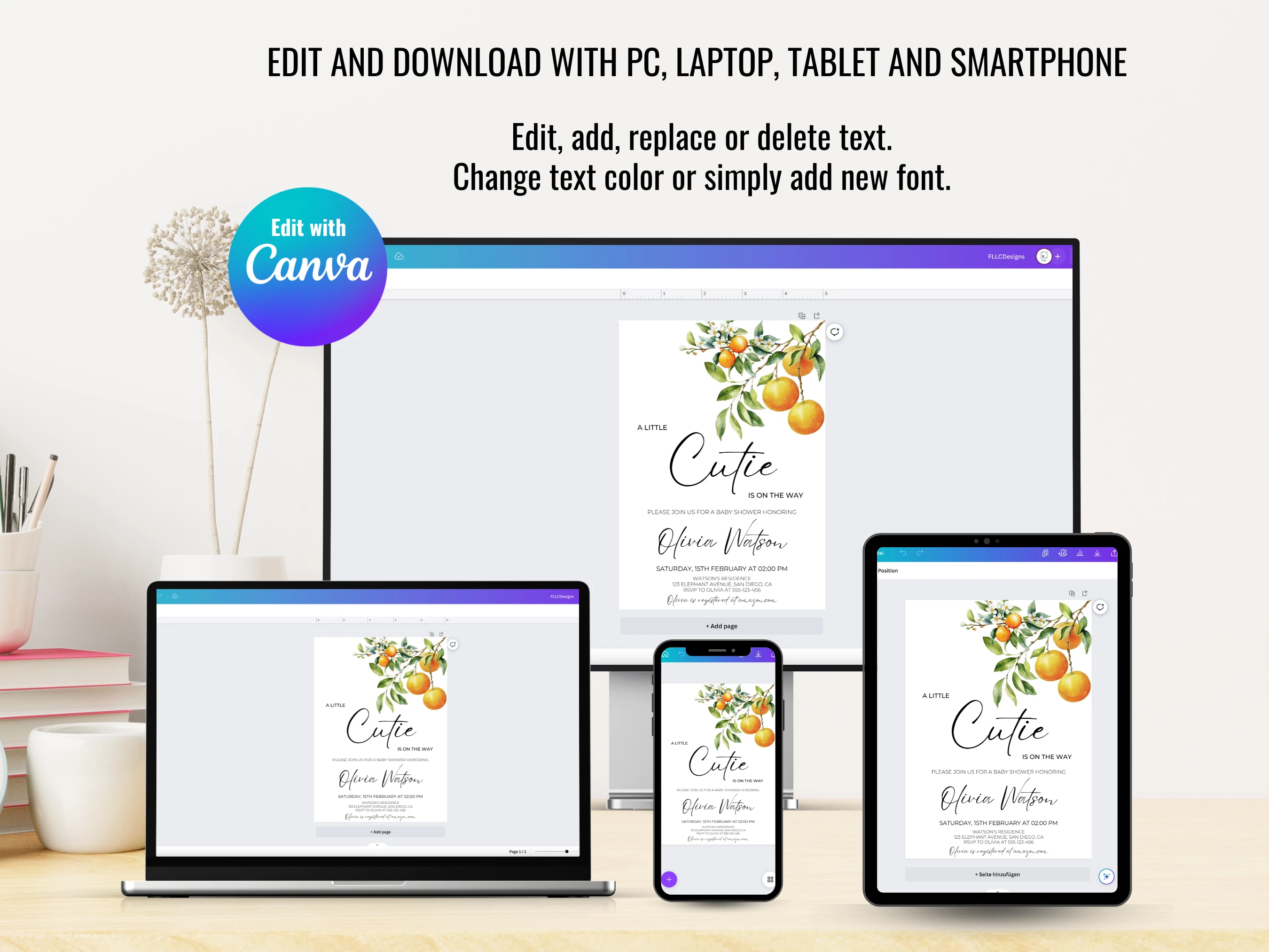 Little Cutie Baby Shower Mobile Invitation | Orange Baby Shower Invite | Spring Baby Shower Party | Editable Canva Template | Digital Download