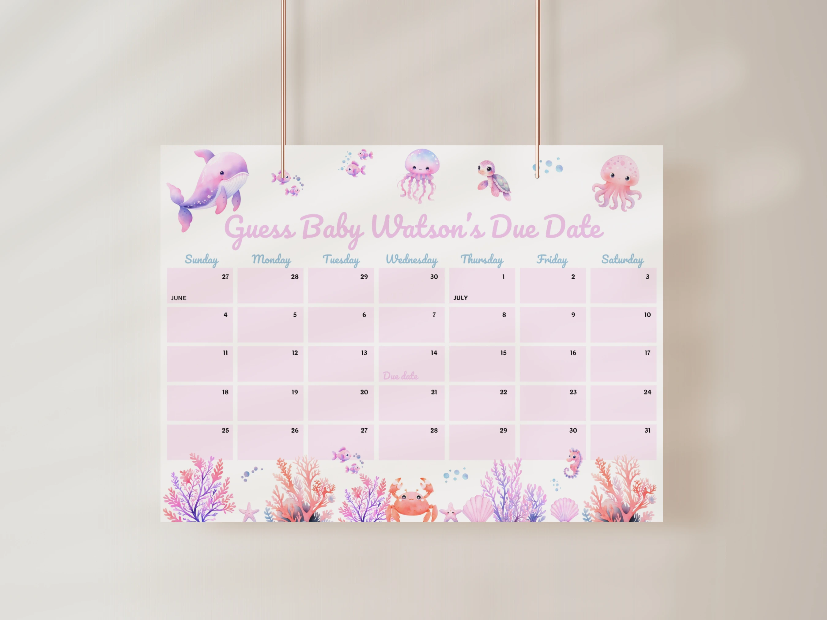 under the sea baby due date calendar ocean animals pink baby girl prediction game canva template digital download, ocean animals baby shower prediction game pink girl decorations canva template