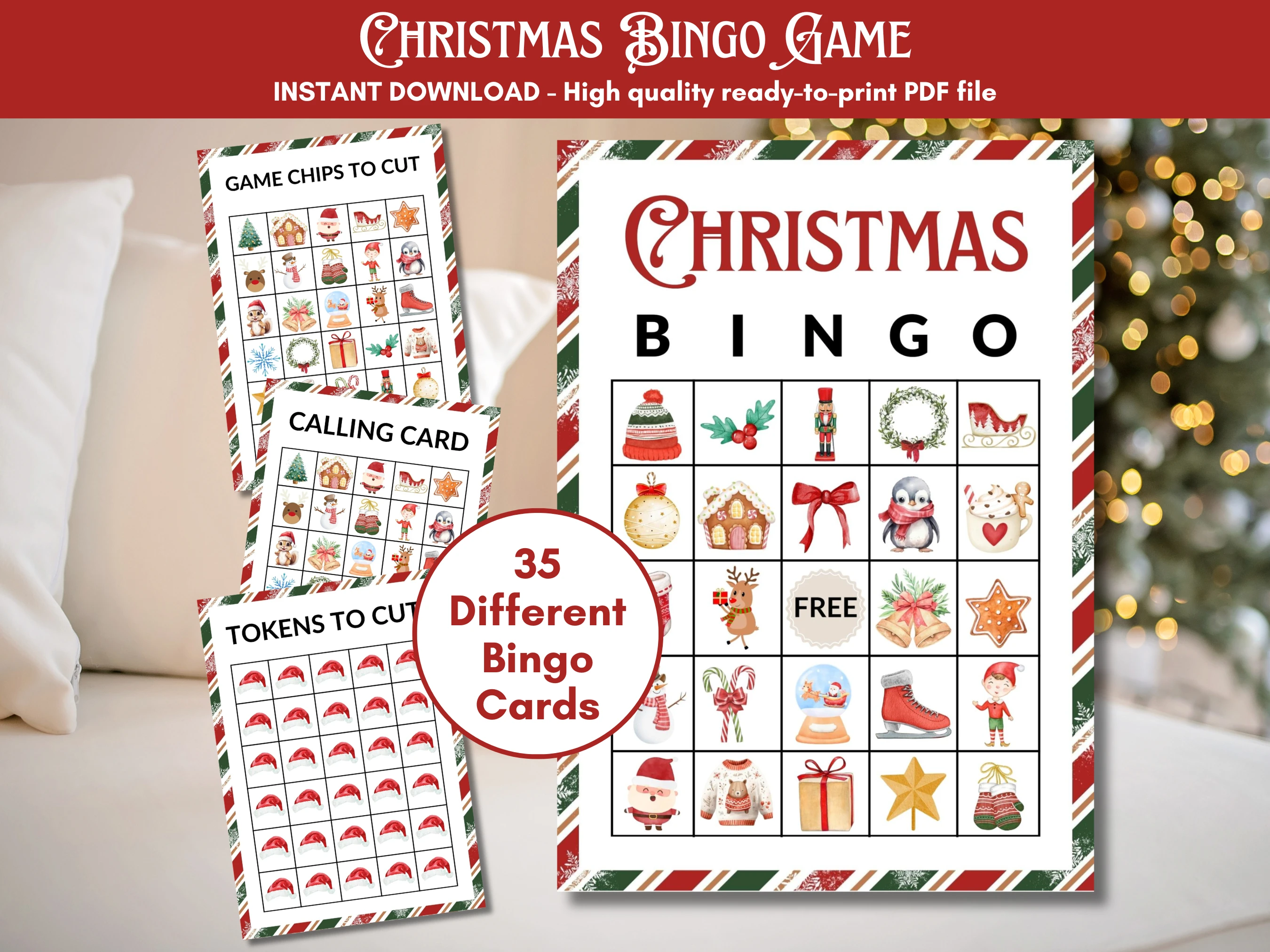 Printable Christmas Bingo game with 35 festive holiday cards, calling card, game chips, Santa hat tokens and Christmas-themed illustrations