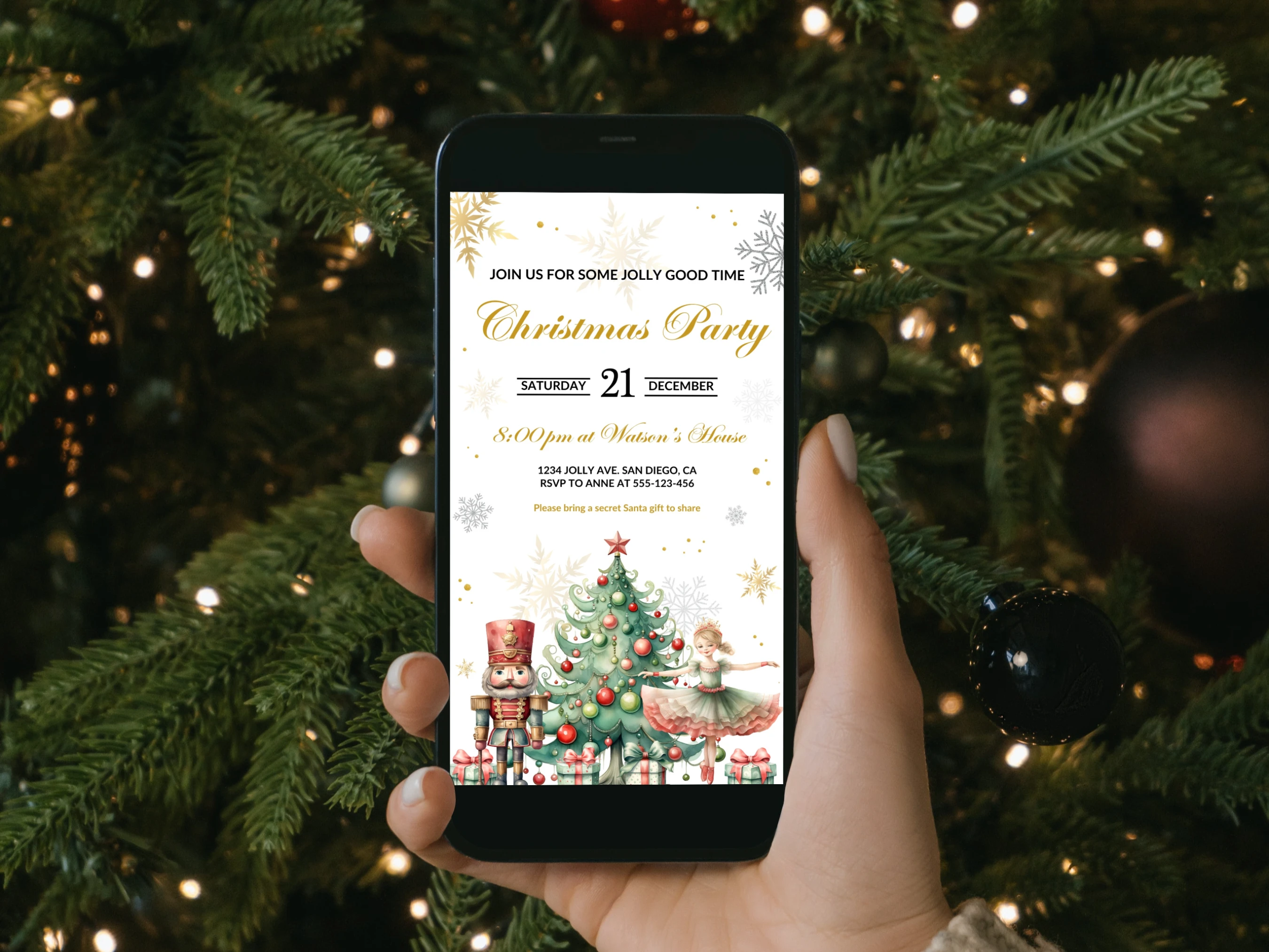 Nutcracker Christmas Party Mobile Invitation Sugar Plum Fairy Editable Canva Template Digital Download