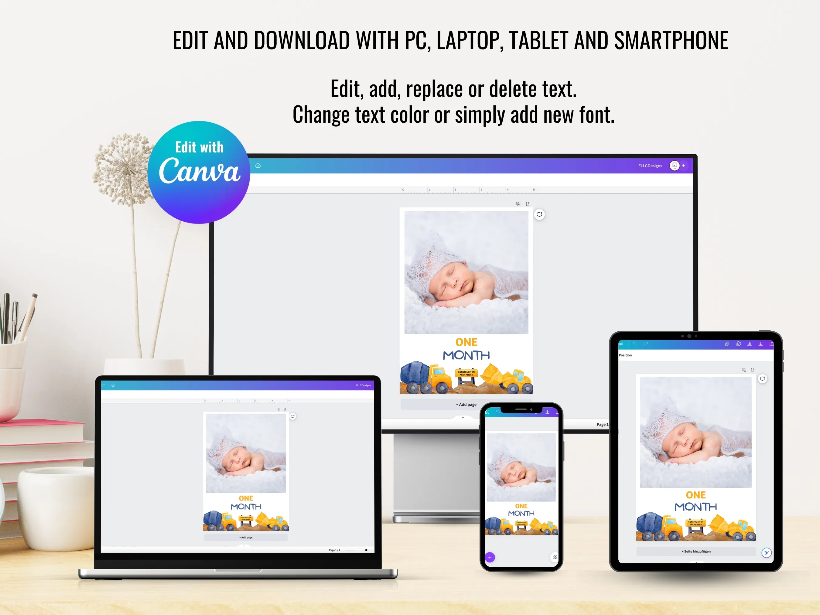 Construction Birthday Photo Banner | Baby Milestone Cards | Editable Canva Template | Digital Download