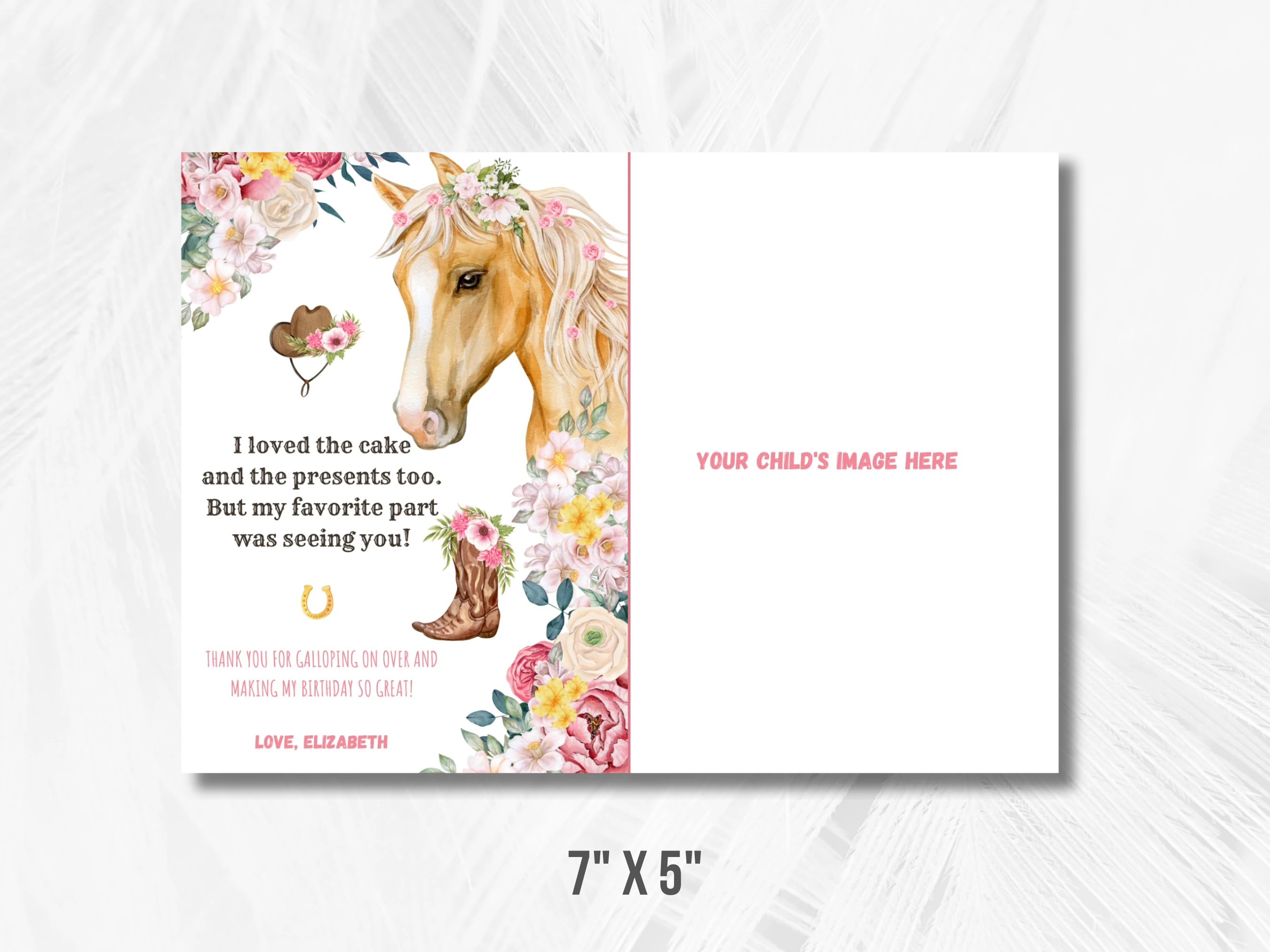 Horse Birthday Thank You Card With Photo | Pony Party Birthday Thank You Note | Cowgirl 1st Birthday Party | Editable Canva Template | Digital Download