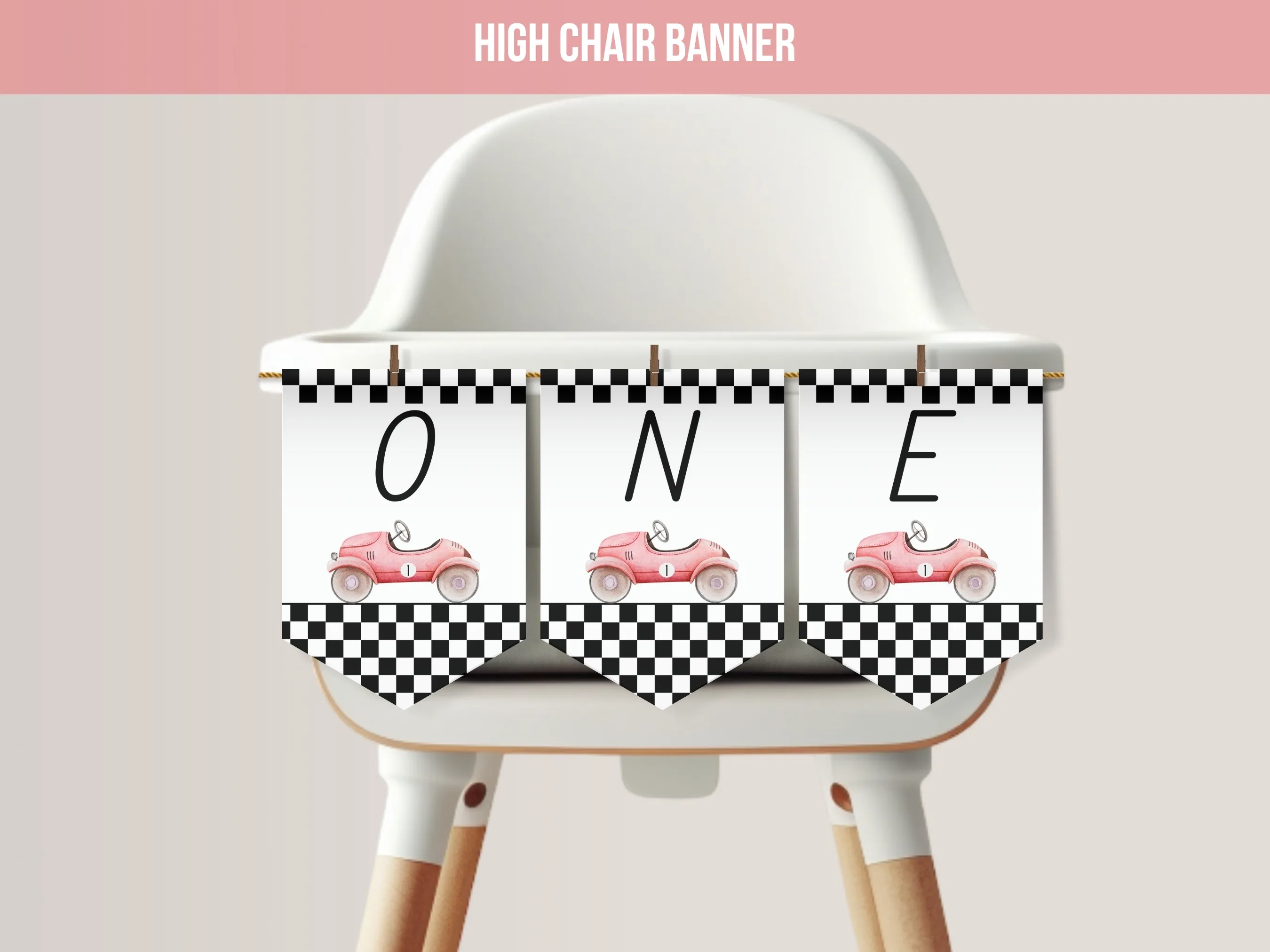 Fast One birthday high chair banner with red vintage race car and ONE lettering, editable Canva template digital download by fllcdesigns