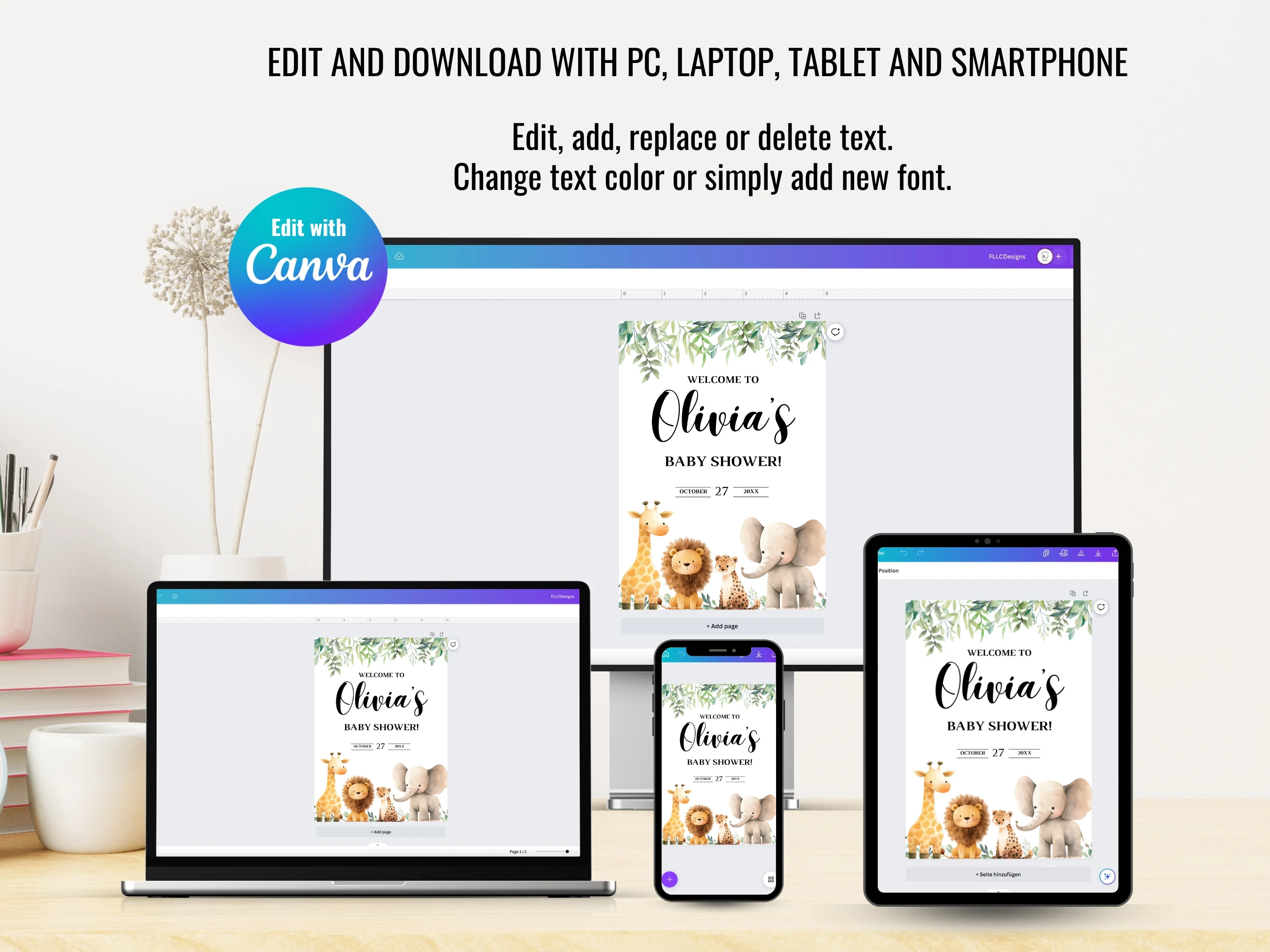 Safari Baby Shower Welcome Sign | Jungle Animals Welcome Board | Editable Canva Template | Digital Download